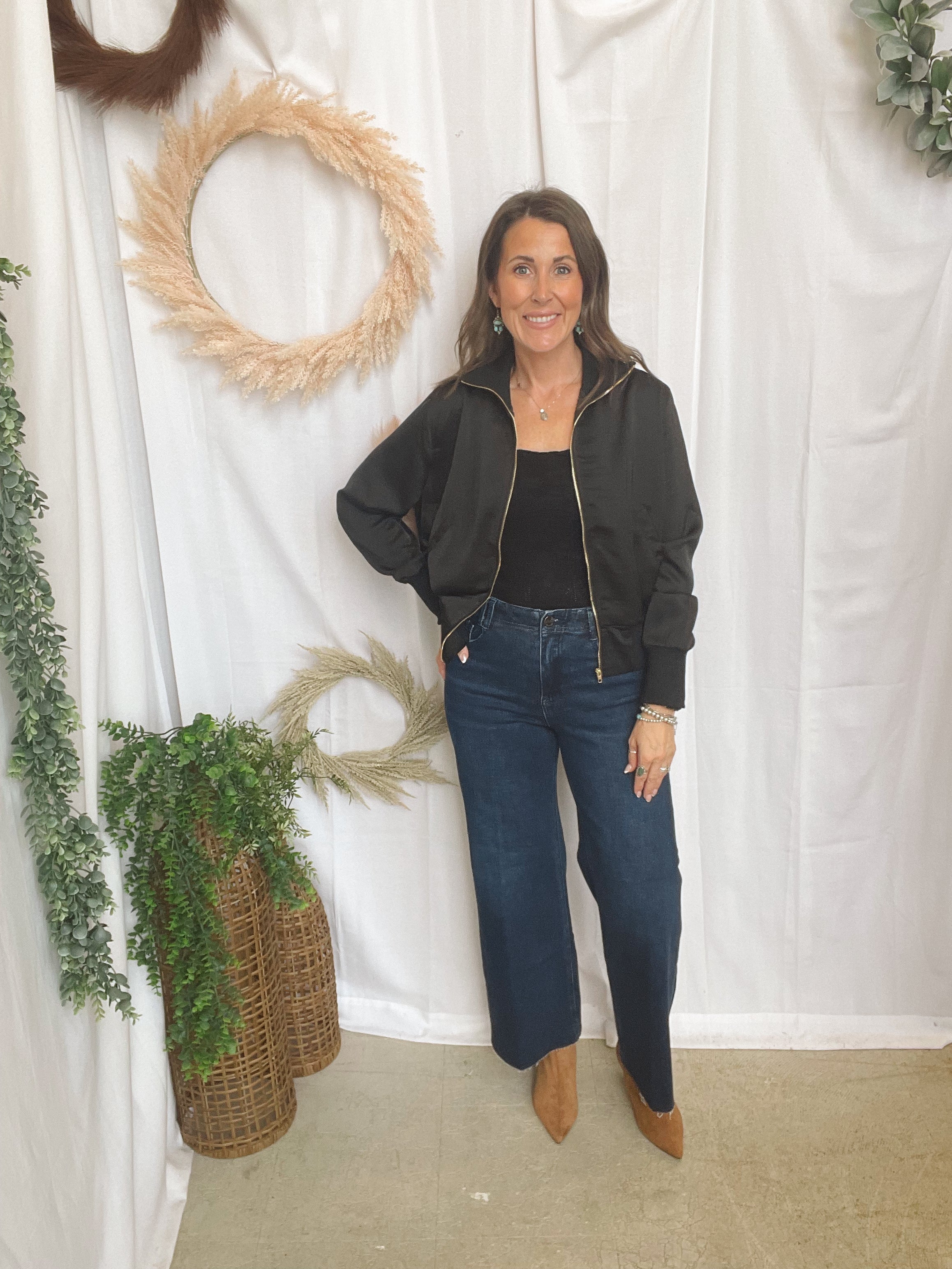 Georgia Black Satin Bomber Jacket-Coats & Jackets-glam-The Silo Boutique, Women's Fashion Boutique Located in Warren and Grand Forks North Dakota