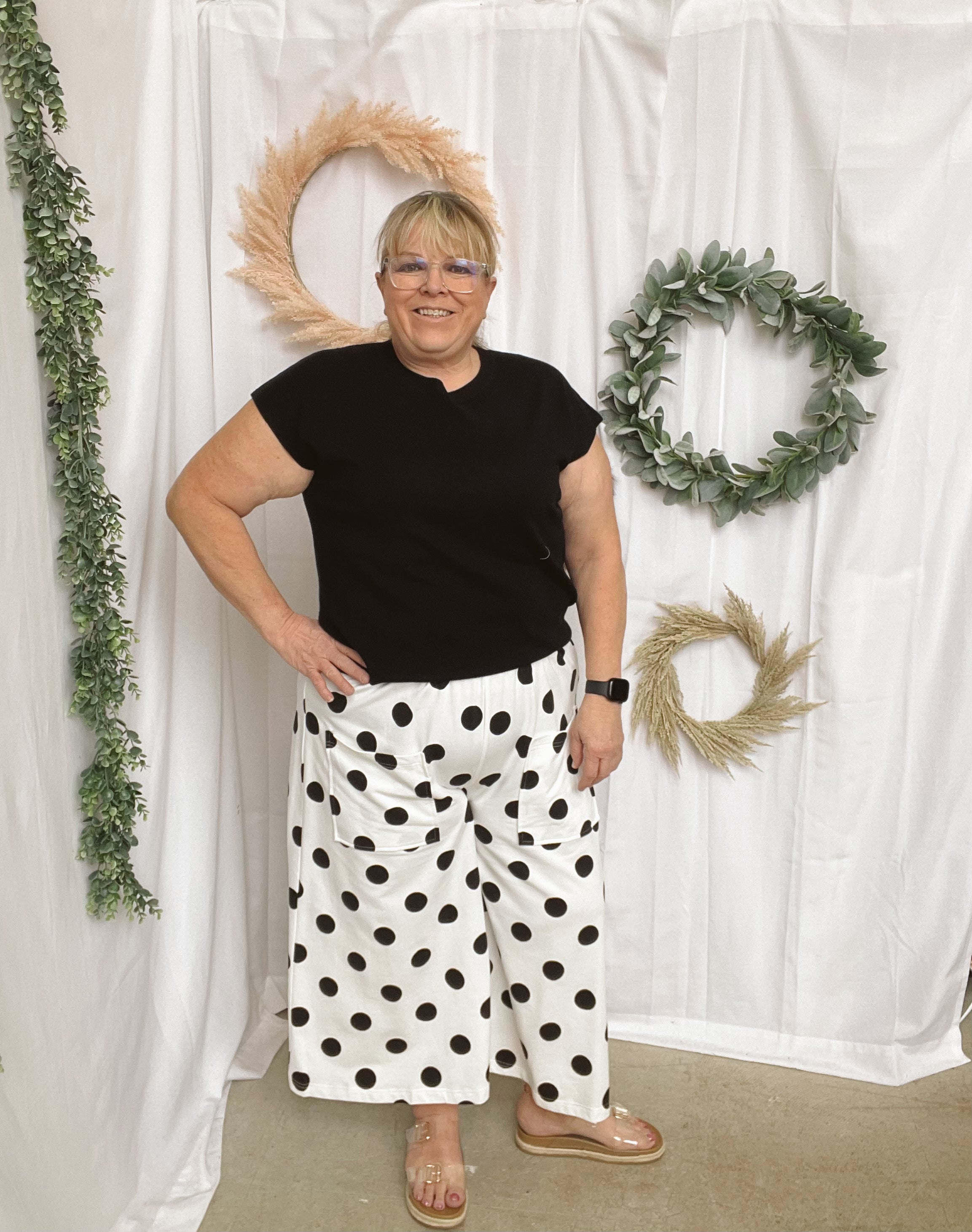 Angie Polk Dot Pants-White-sweatpants-oddi-The Silo Boutique, Women's Fashion Boutique Located in Warren and Grand Forks North Dakota