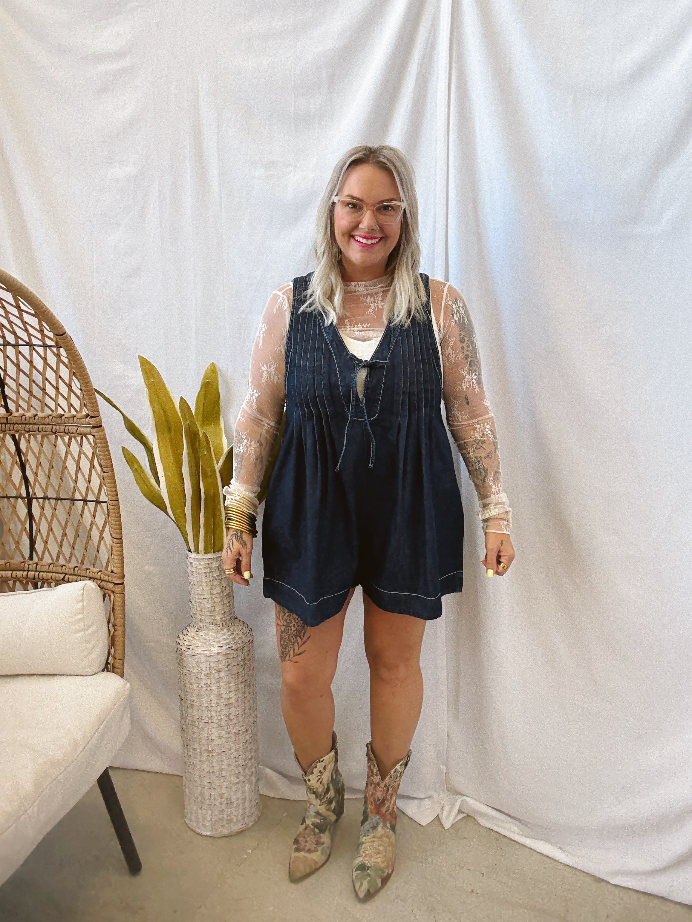 Dark Wash Front Pleated Denim Romper-Jumpsuits & Rompers-veveret-The Silo Boutique, Women's Fashion Boutique Located in Warren and Grand Forks North Dakota