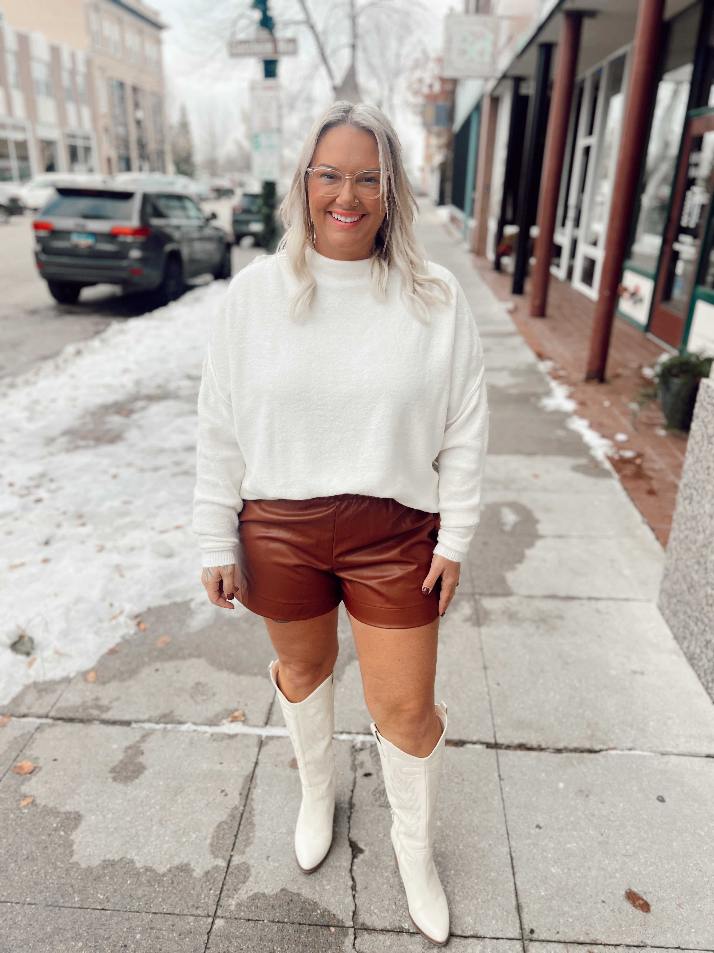 Foxy Walnut Leather Shorts-Shorts-ENTRO-The Silo Boutique, Women's Fashion Boutique Located in Warren and Grand Forks North Dakota