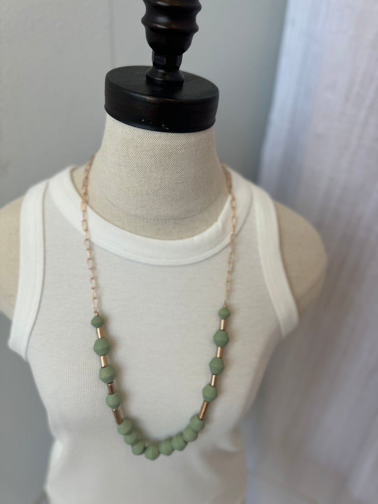 Green Wood Beaded Long Necklace-Necklaces-Fame-The Silo Boutique, Women's Fashion Boutique Located in Warren and Grand Forks North Dakota
