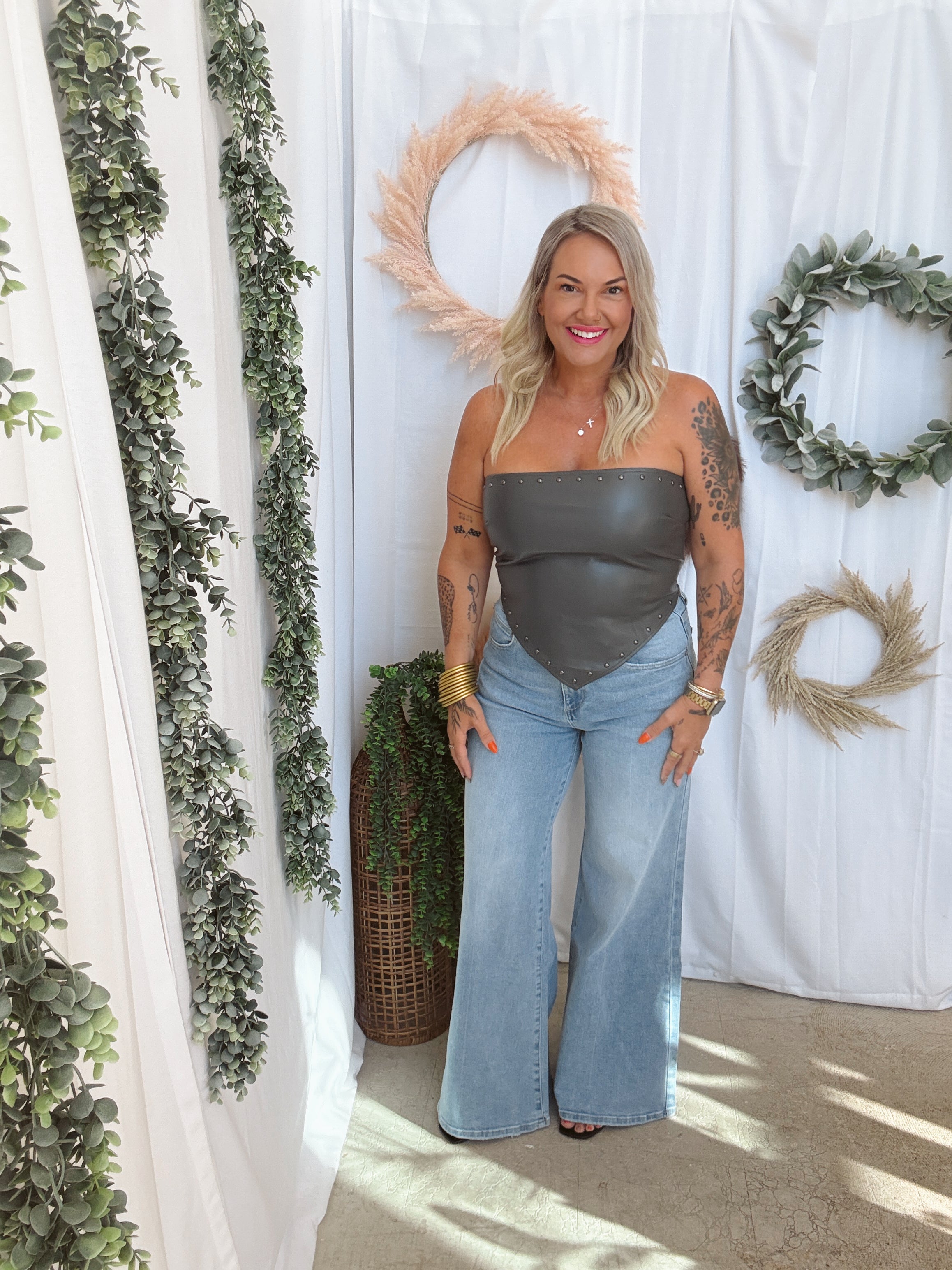 Strapless Faux Leather Studded Top-Tank Tops-hyfve-The Silo Boutique, Women's Fashion Boutique Located in Warren and Grand Forks North Dakota