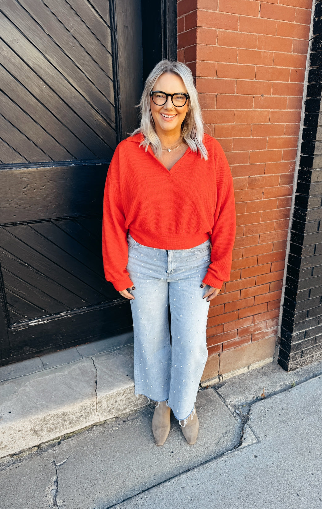 Red Collared Long Sleeve Top-Cardigans-tres bien-The Silo Boutique, Women's Fashion Boutique Located in Warren and Grand Forks North Dakota