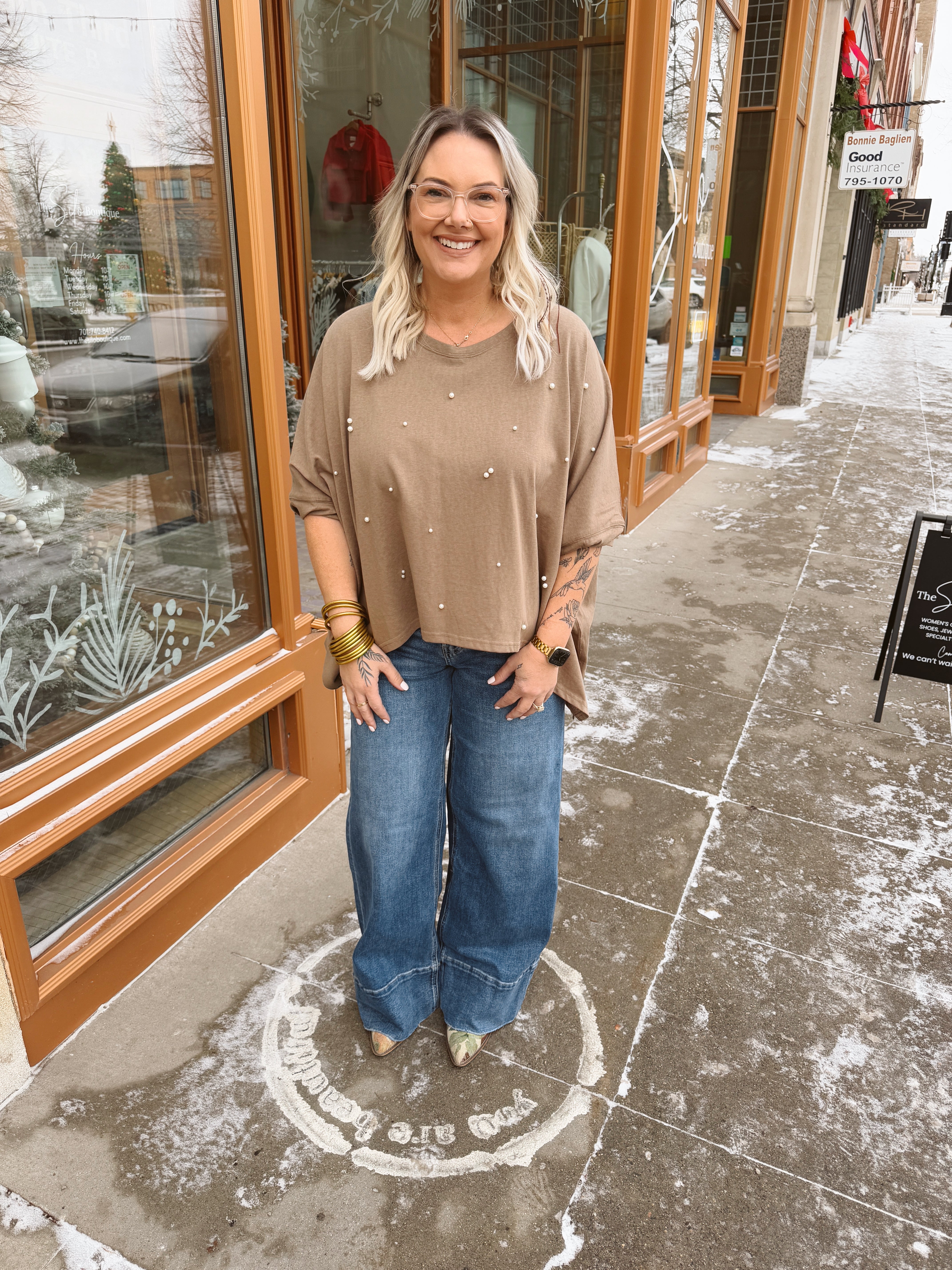 Olive Pearl Drop Tee-Short Sleeve Tops-davi-The Silo Boutique, Women's Fashion Boutique Located in Warren and Grand Forks North Dakota