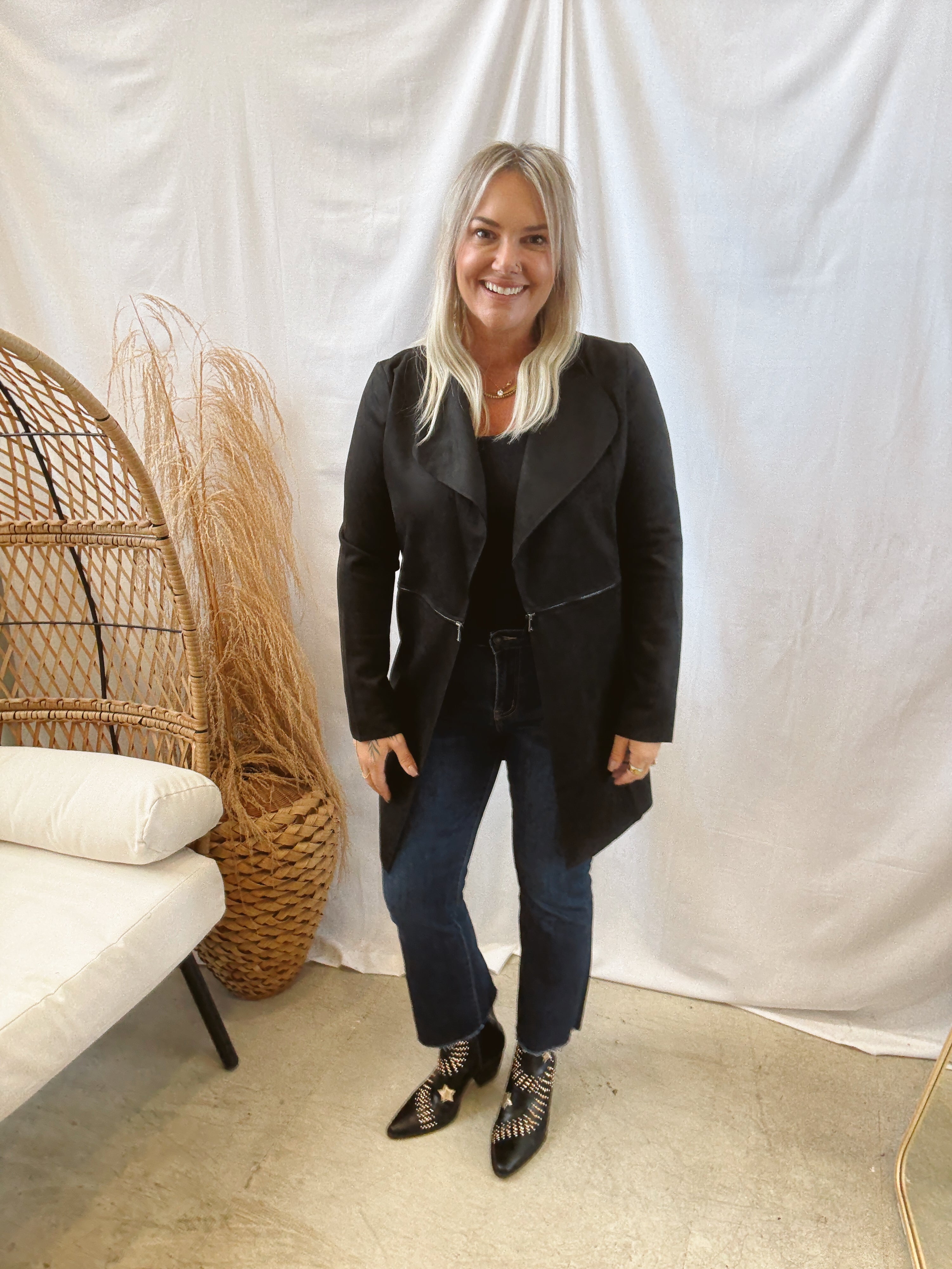 Long Sleeve Suede Jacket-Black-Coats & Jackets-active basics-The Silo Boutique, Women's Fashion Boutique Located in Warren and Grand Forks North Dakota
