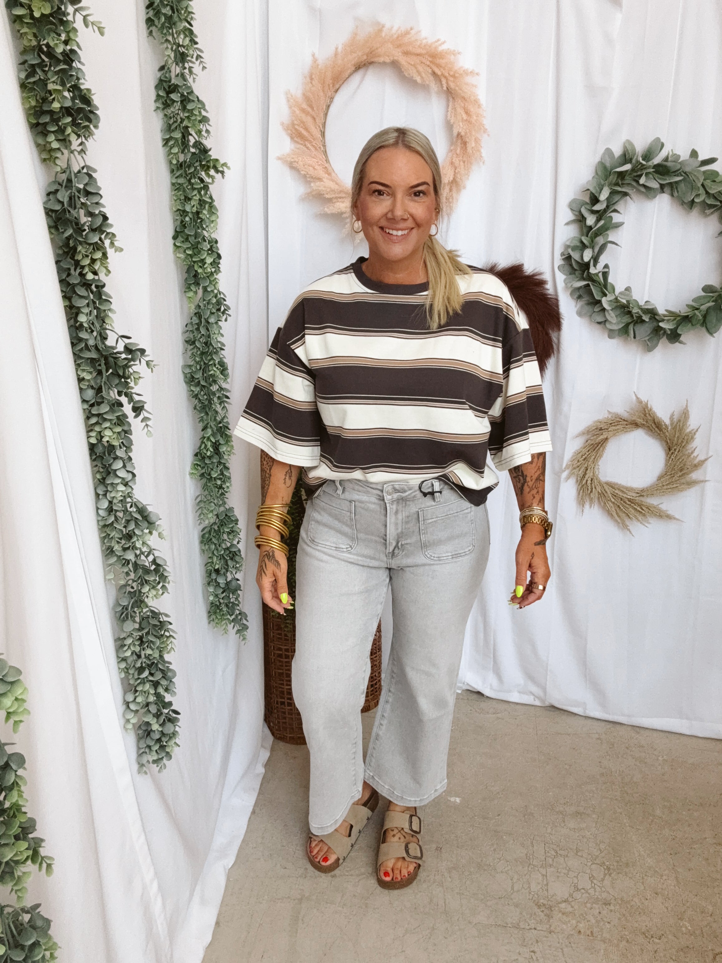 Oh For Fun Striped Tee-Charcoal-Short Sleeve Tops-fun2fun-The Silo Boutique, Women's Fashion Boutique Located in Warren and Grand Forks North Dakota