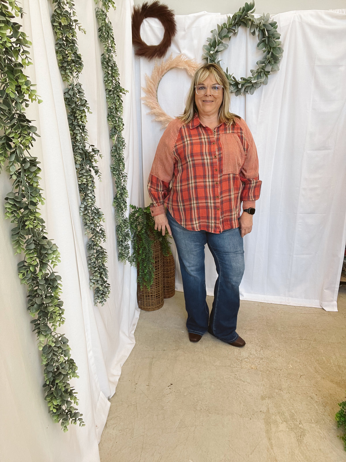 Delta Plaid Mix Flannel-Red-Long Sleeve Tops-Easel-The Silo Boutique, Women's Fashion Boutique Located in Warren and Grand Forks North Dakota