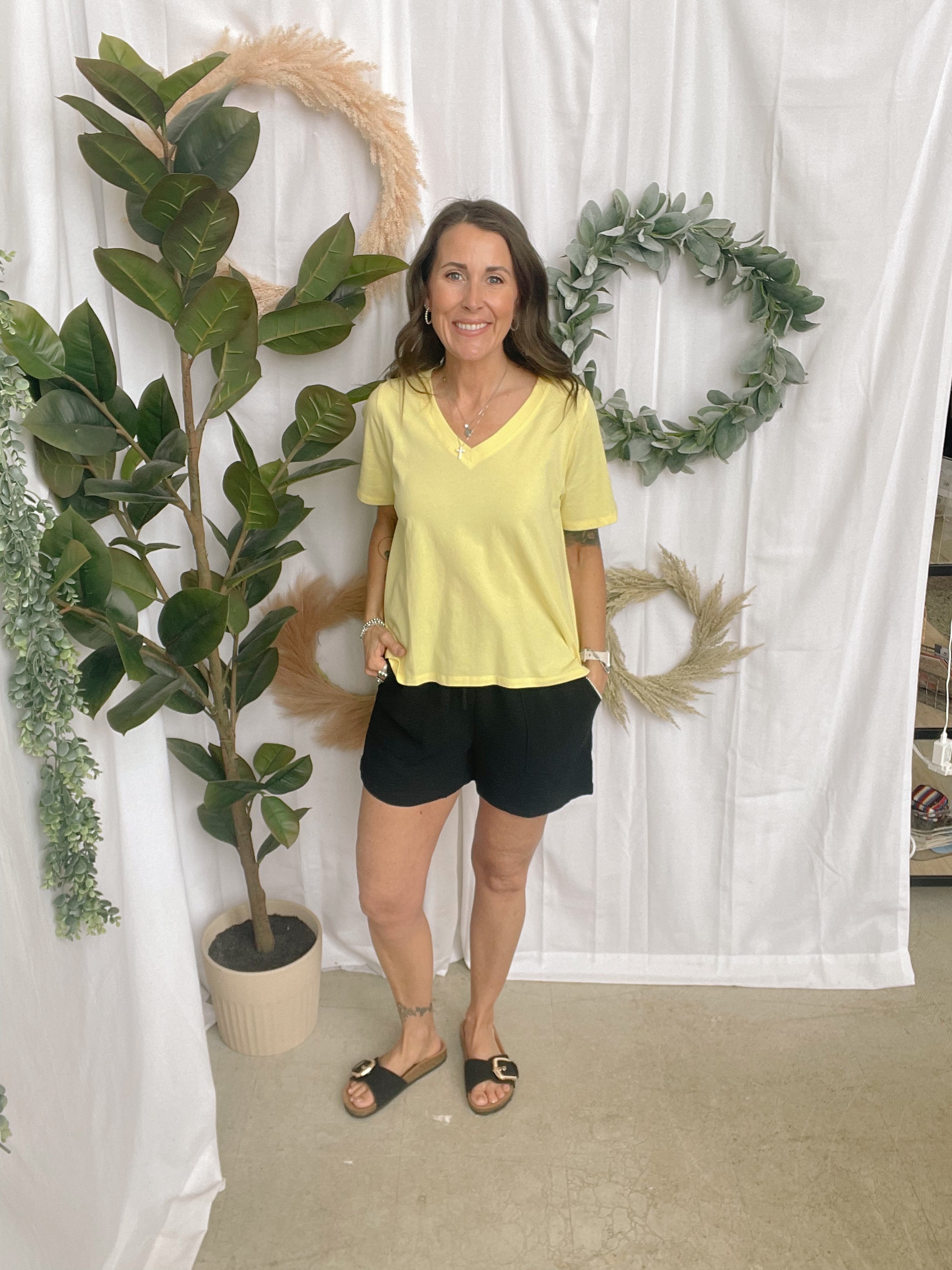 Mono Pima V Neck Tee-Yellow-Short Sleeve Tops-mono b-The Silo Boutique, Women's Fashion Boutique Located in Warren and Grand Forks North Dakota