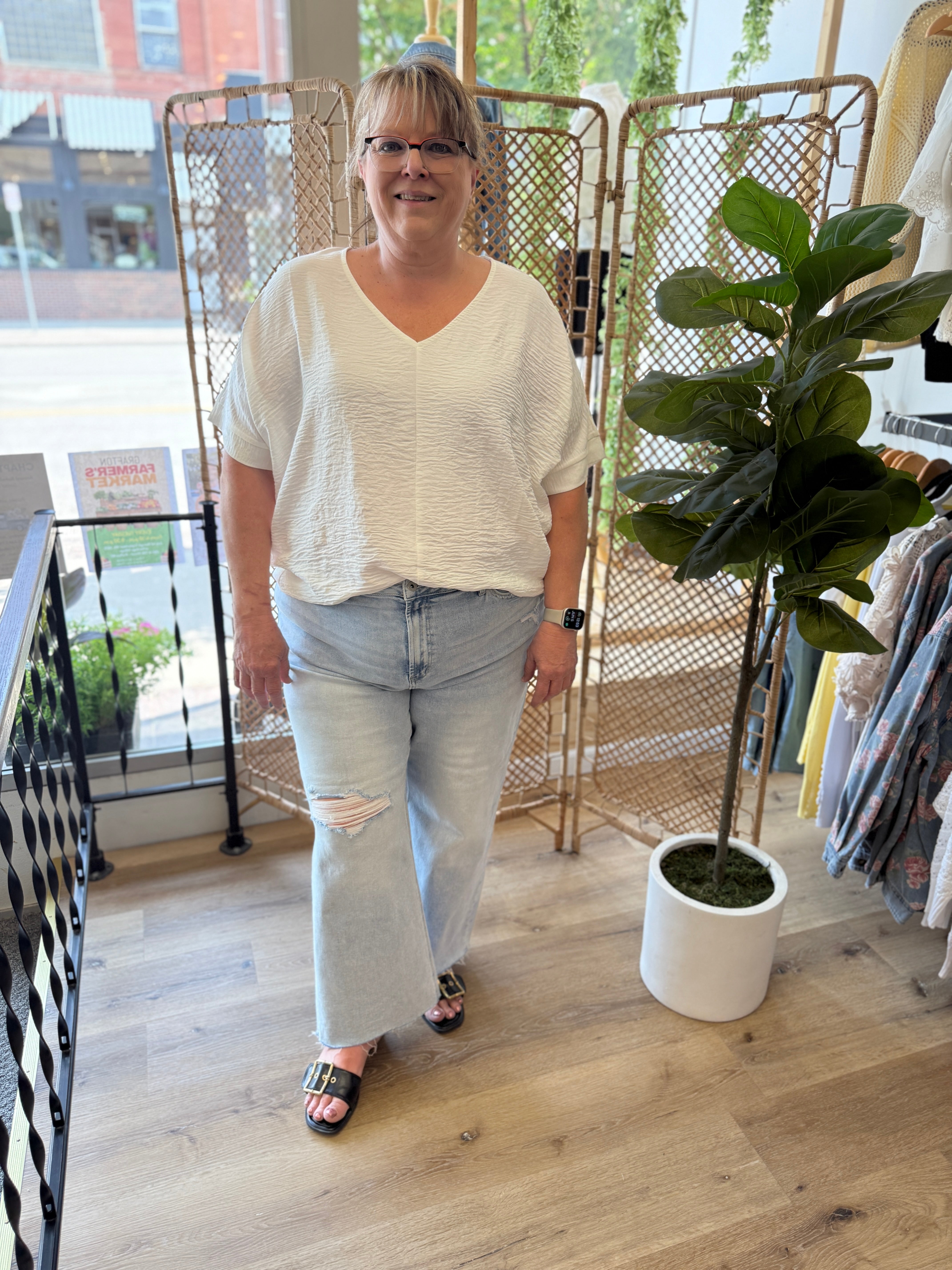 Zen V Neck Seam Top-White-Short Sleeve Tops-Zenana-The Silo Boutique, Women's Fashion Boutique Located in Warren and Grand Forks North Dakota