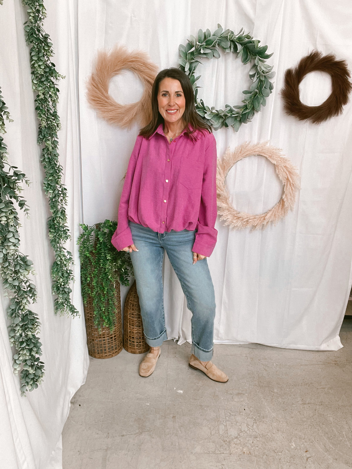 Orchid Woven Shirt-Long Sleeve Tops-entro-The Silo Boutique, Women's Fashion Boutique Located in Warren and Grand Forks North Dakota