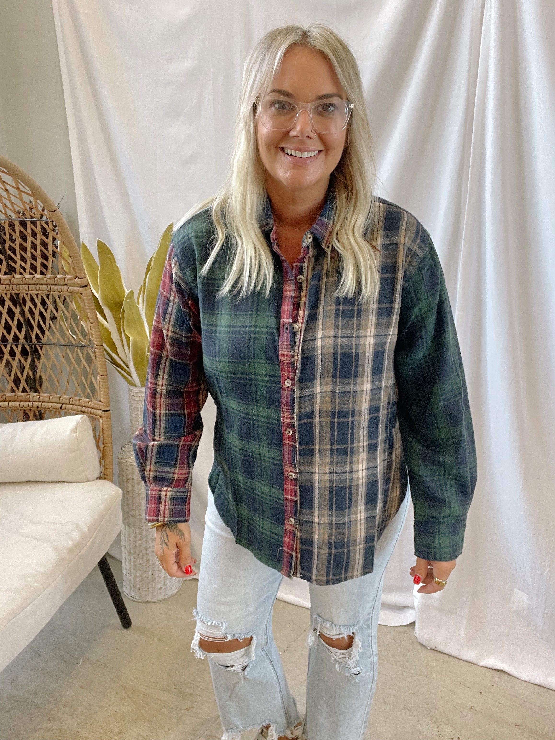 Navy Mix Plaid Flannel Top-Long Sleeve Tops-hem and thread-The Silo Boutique, Women's Fashion Boutique Located in Warren and Grand Forks North Dakota