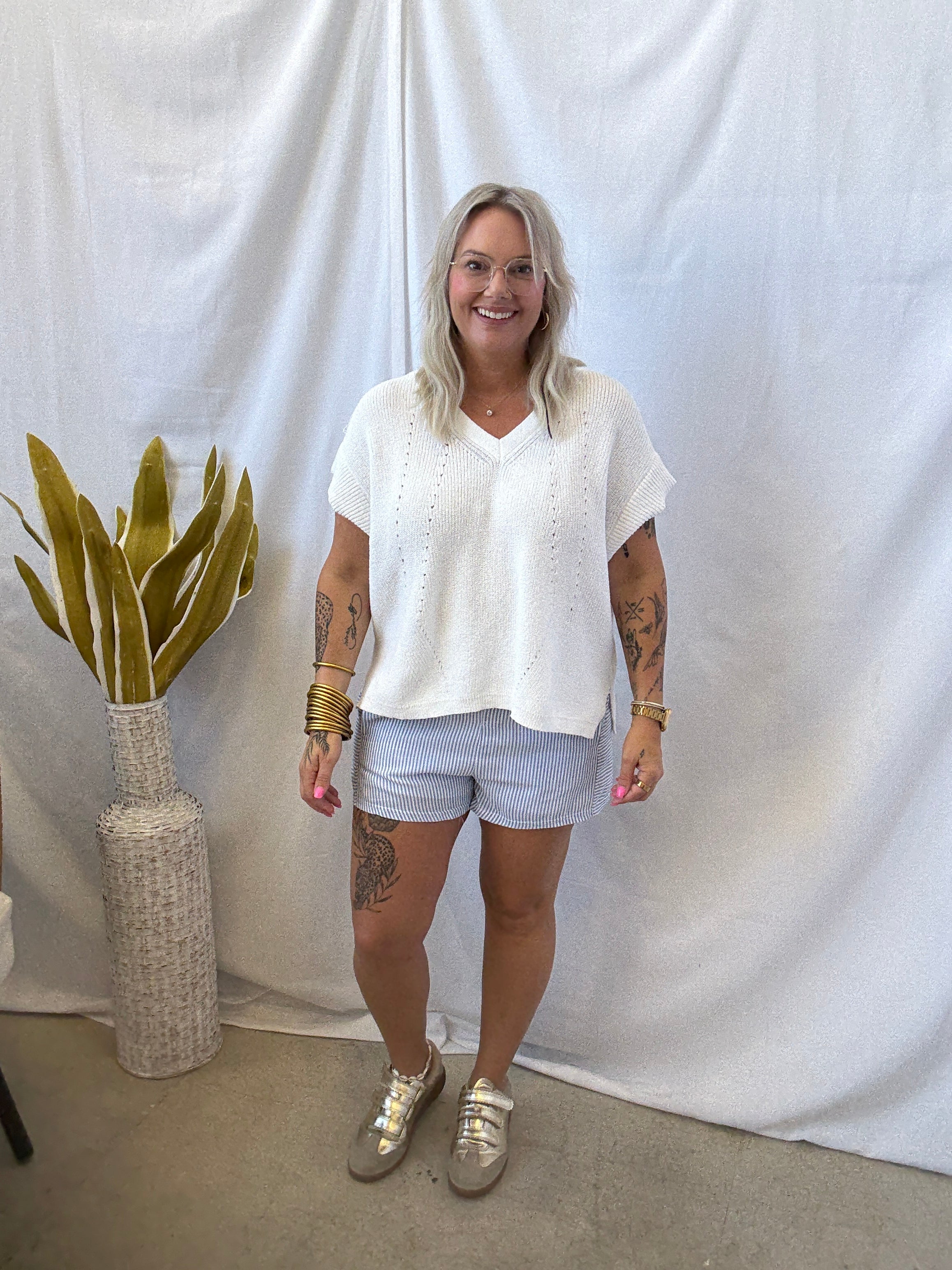 Blue and White Boxer Shorts-Tank Tops-blu pepper-The Silo Boutique, Women's Fashion Boutique Located in Warren and Grand Forks North Dakota