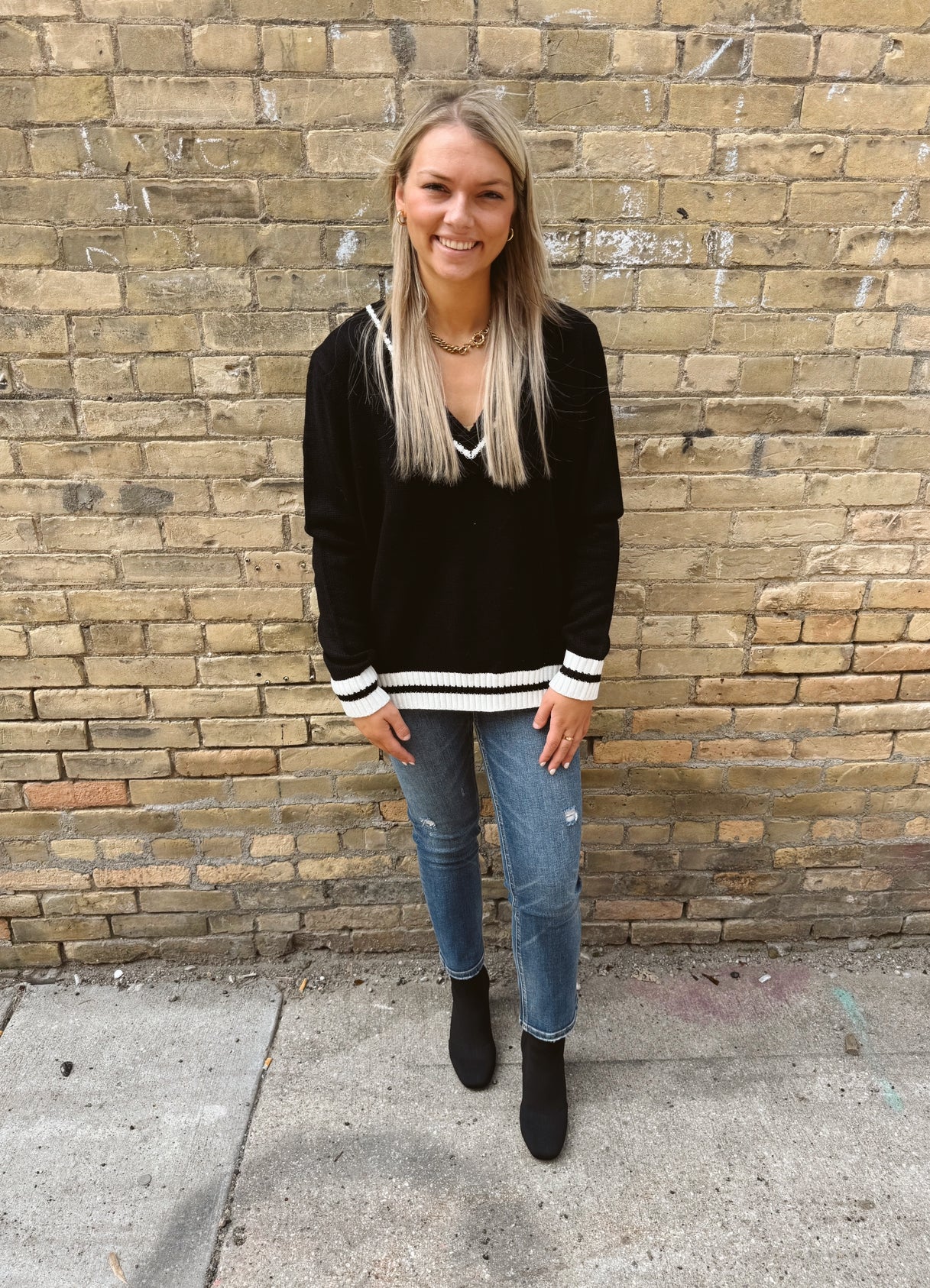 Black Varsity Sweater-Sweaters-tres bien-The Silo Boutique, Women's Fashion Boutique Located in Warren and Grand Forks North Dakota