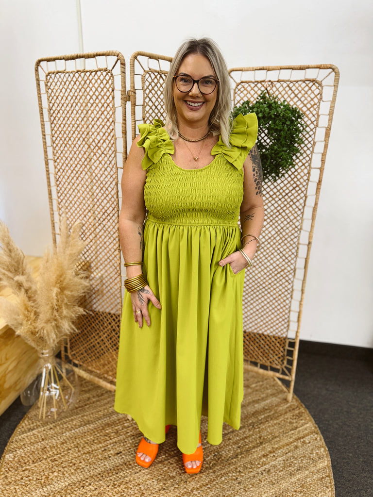 Chartreuse Ruffled Dress-Dress-ENTRO-The Silo Boutique, Women's Fashion Boutique Located in Warren and Grand Forks North Dakota