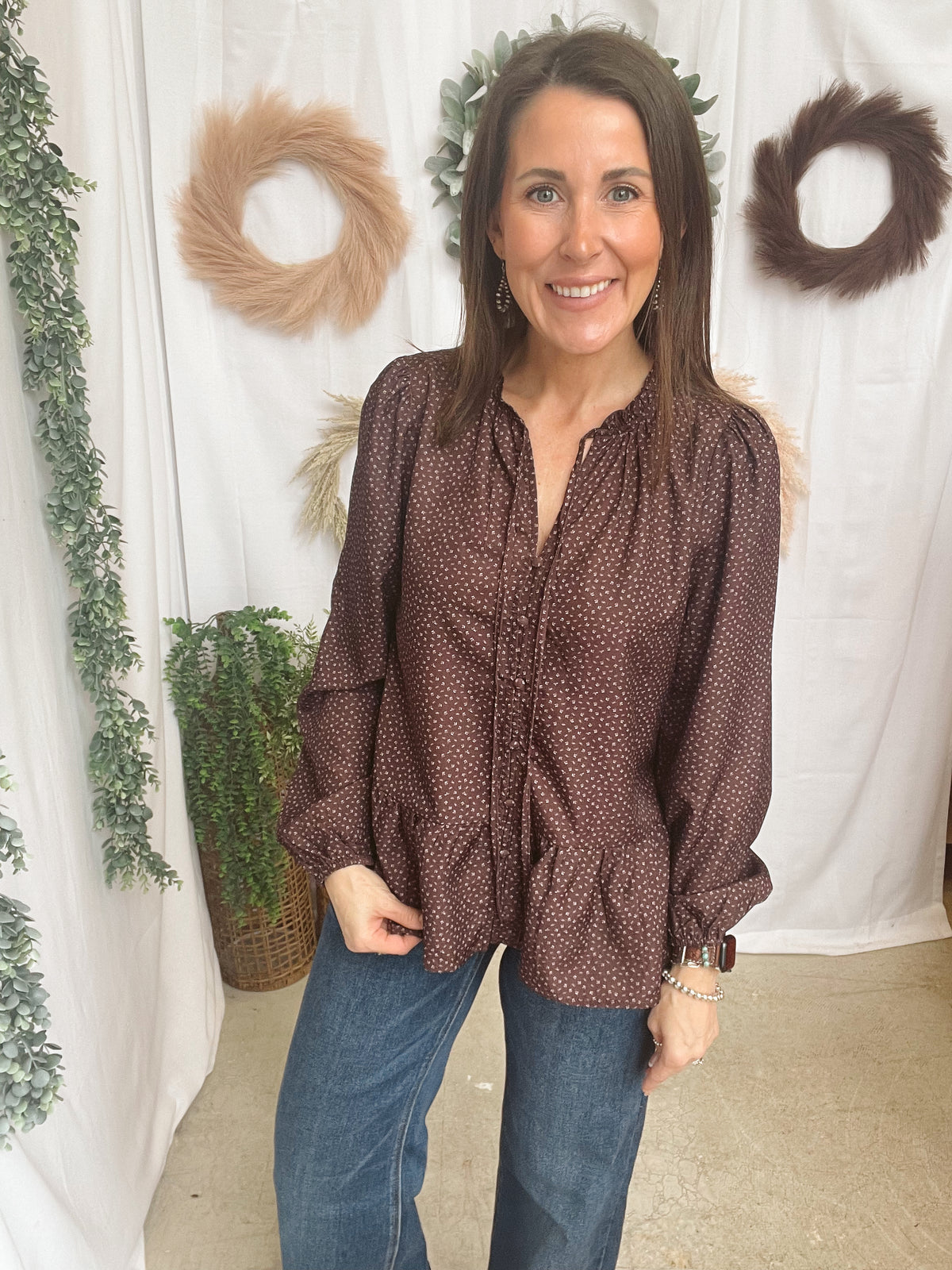 Becky Ruffle Tie Top-Brown-Long Sleeve Tops-staccato-The Silo Boutique, Women's Fashion Boutique Located in Warren and Grand Forks North Dakota