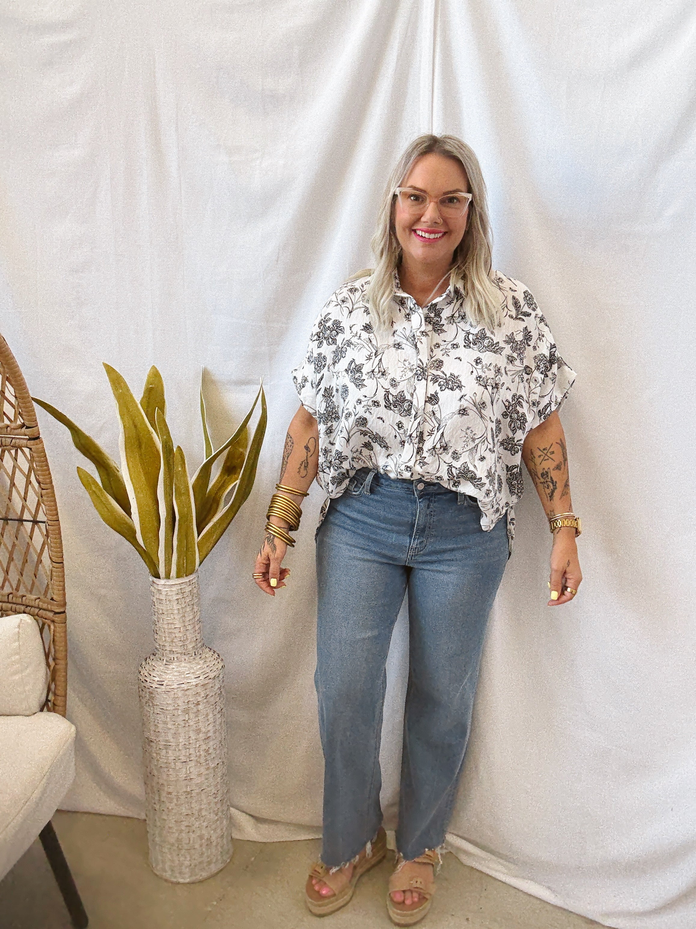 Black Floral Mix Button Down Top-Short Sleeve Tops-Umgee-The Silo Boutique, Women's Fashion Boutique Located in Warren and Grand Forks North Dakota