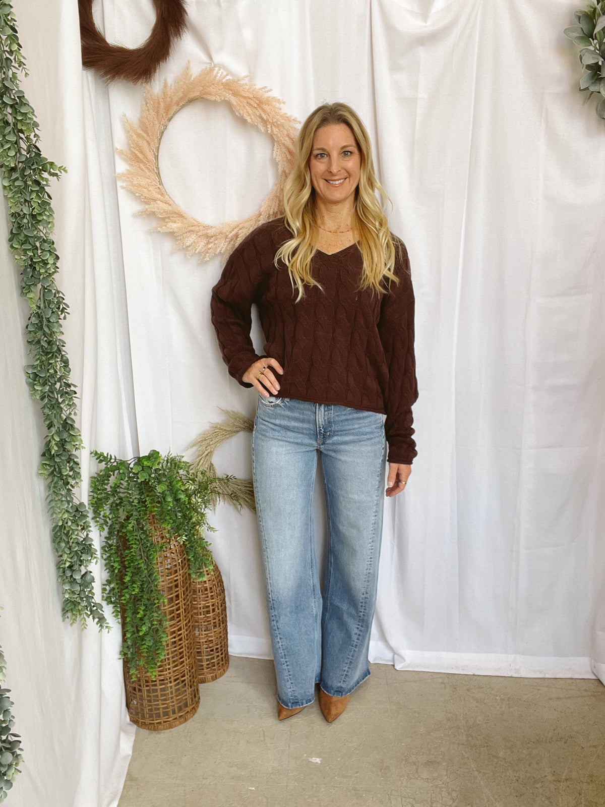 Rowan V Neck Cable Knit Sweater-Sweaters-hyfve-The Silo Boutique, Women's Fashion Boutique Located in Warren and Grand Forks North Dakota