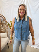 Sunflower Denim Top-Final Sale-Tank Tops-hem and thread-The Silo Boutique, Women's Fashion Boutique Located in Warren and Grand Forks North Dakota