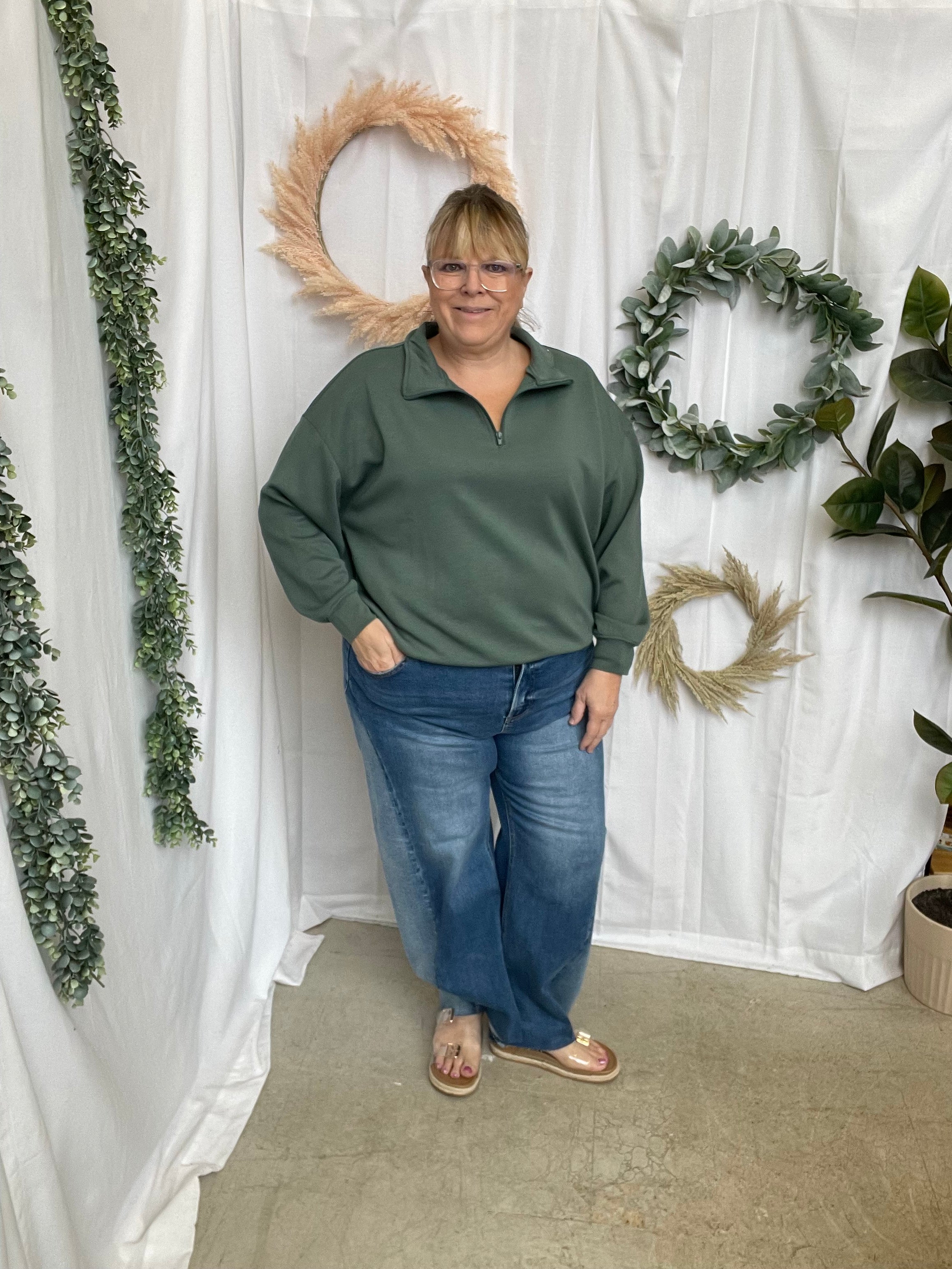 Zoe Scuba Quarter Zip Sweatshirt-Jade-Sweatshirts-Zenana-The Silo Boutique, Women's Fashion Boutique Located in Warren and Grand Forks North Dakota