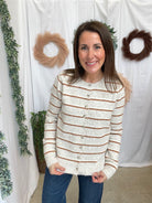 Double Striped Cardigan-Oatmeal-Long Sleeve Tops-staccato-The Silo Boutique, Women's Fashion Boutique Located in Warren and Grand Forks North Dakota