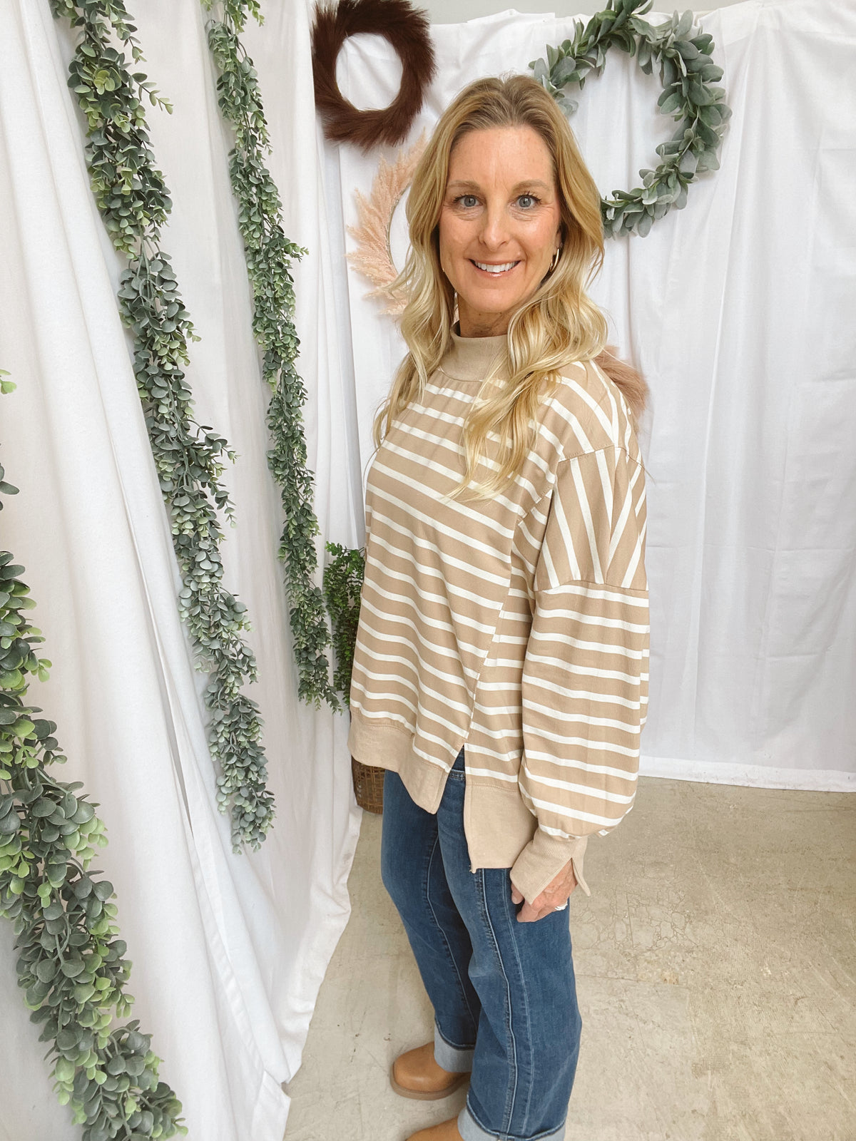 Nikki Mock Neck Sweatshirt-Taupe-sweashirts-hyfve-The Silo Boutique, Women's Fashion Boutique Located in Warren and Grand Forks North Dakota