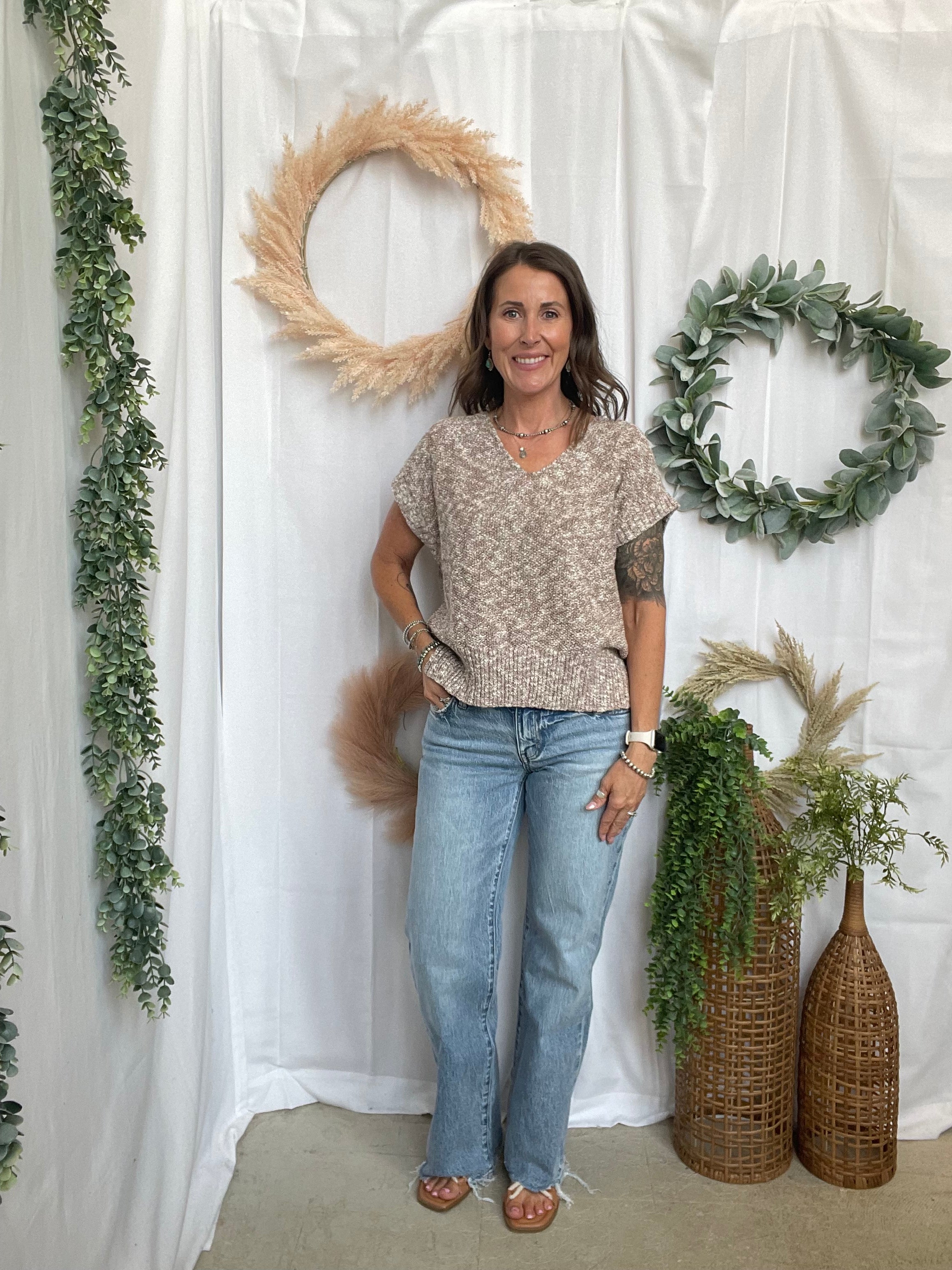 Casey Knit V Neck Top-Brown-Short Sleeve Tops-fun2fun-The Silo Boutique, Women's Fashion Boutique Located in Warren and Grand Forks North Dakota