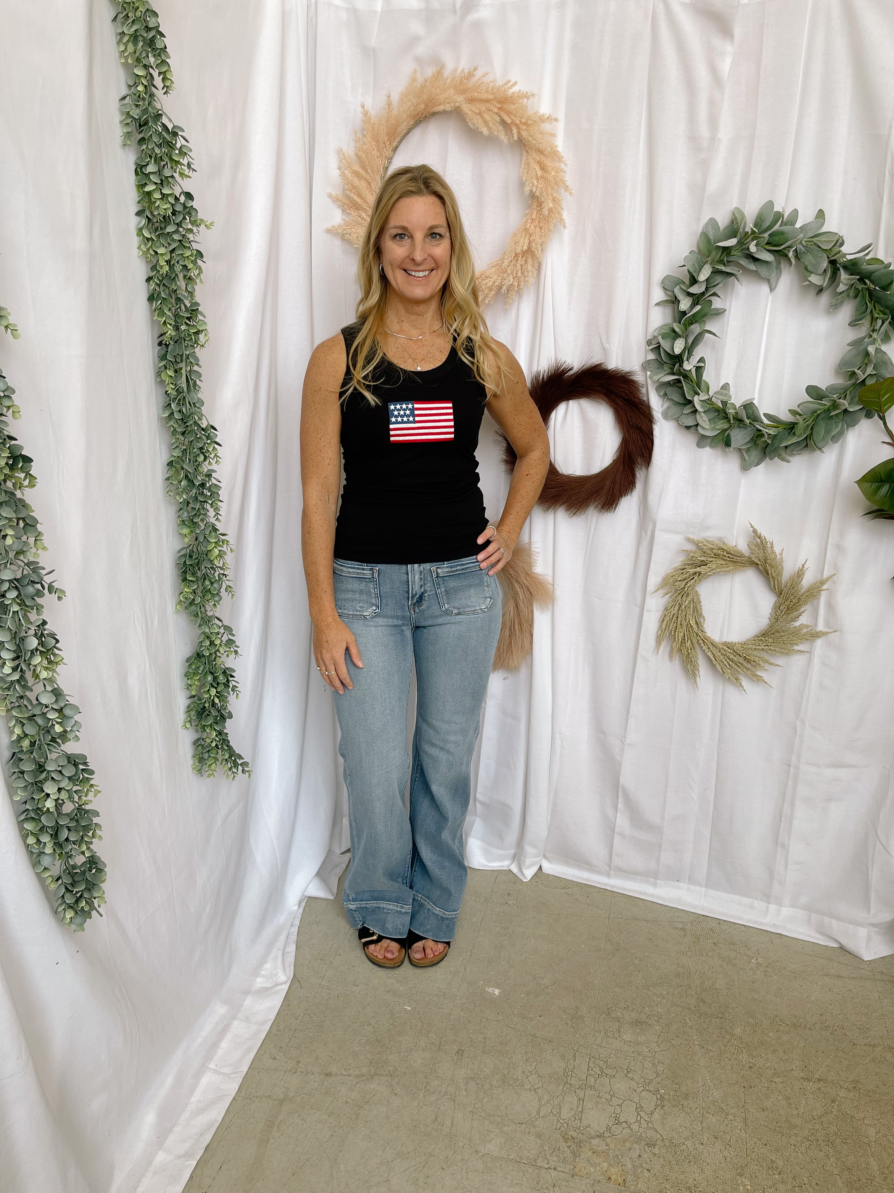 Zen Ribbled Flag Tank Top-Black-Tank Tops-Zenana-The Silo Boutique, Women's Fashion Boutique Located in Warren and Grand Forks North Dakota
