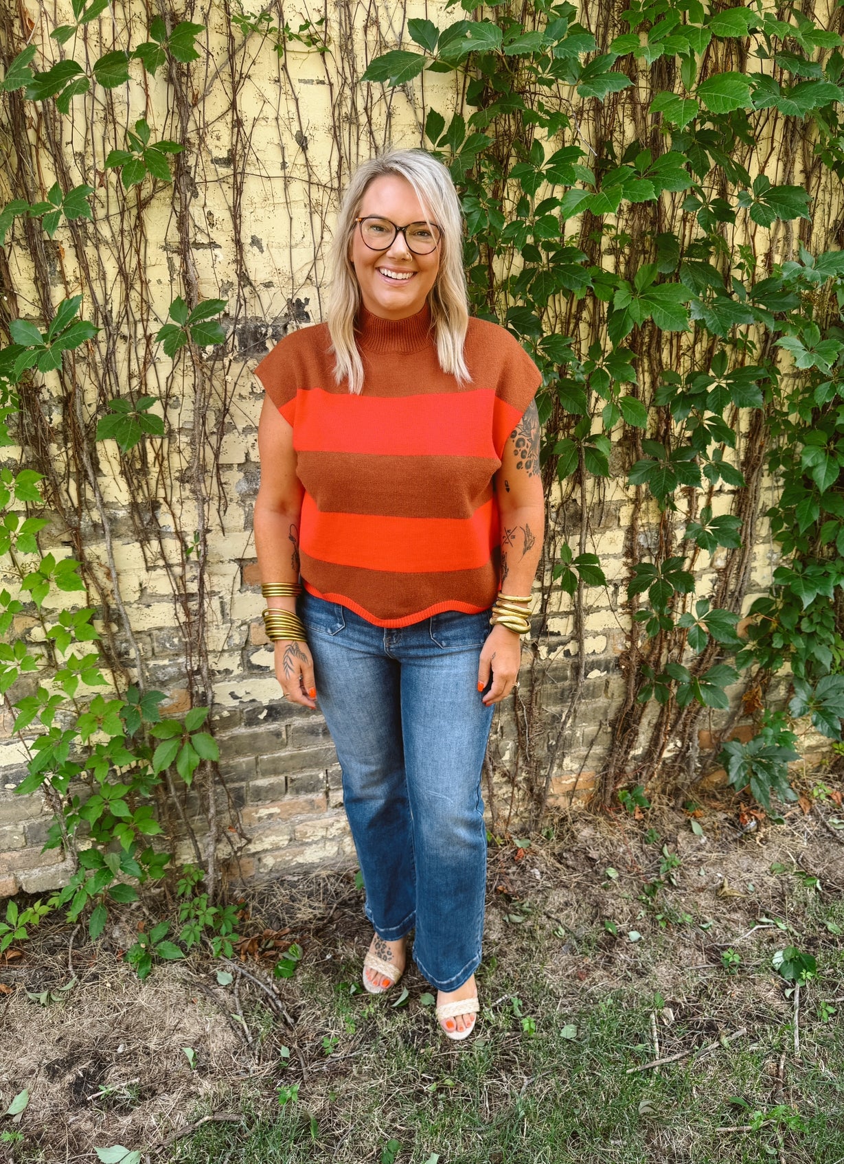 Camel Stripe Mock Short Sleeve Sweater Top-Short Sleeve Tops-ENTRO-The Silo Boutique, Women's Fashion Boutique Located in Warren and Grand Forks North Dakota