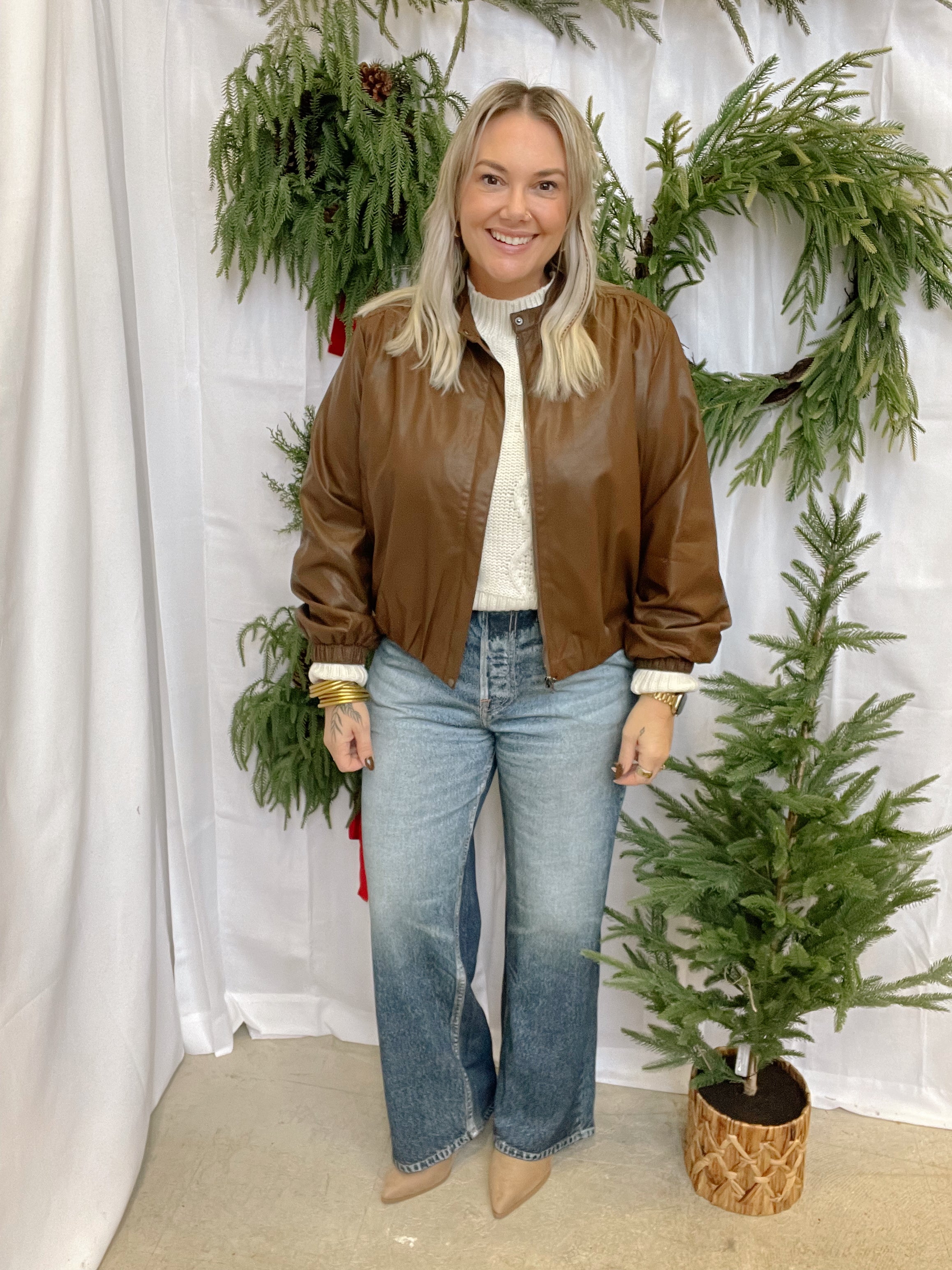 Leather Bomber Jacket-Brown-Coats & Jackets-pinch-The Silo Boutique, Women's Fashion Boutique Located in Warren and Grand Forks North Dakota