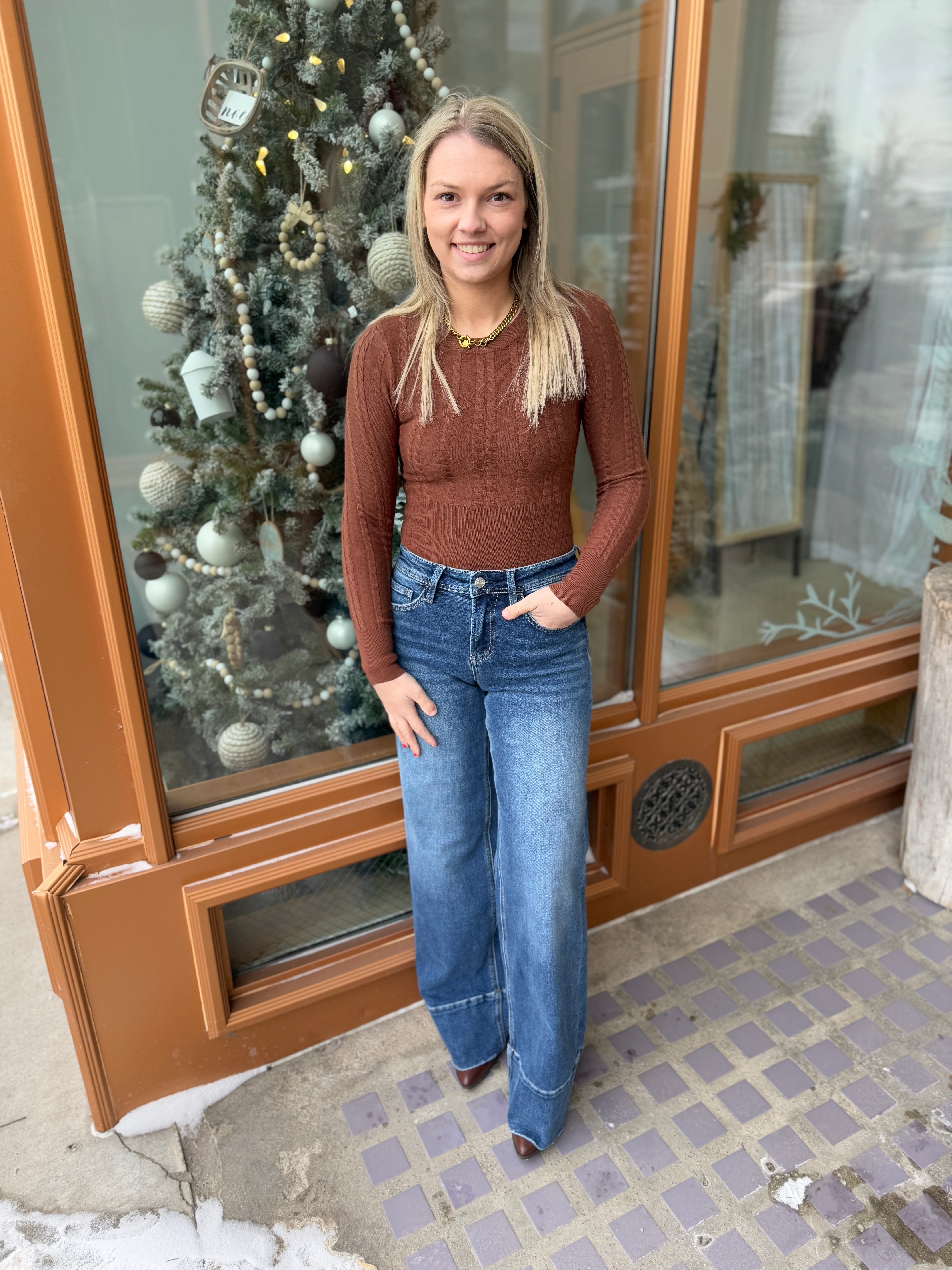 Allie Sweater Bodysuit-Caramel-Bodysuits-allie Rose-The Silo Boutique, Women's Fashion Boutique Located in Warren and Grand Forks North Dakota