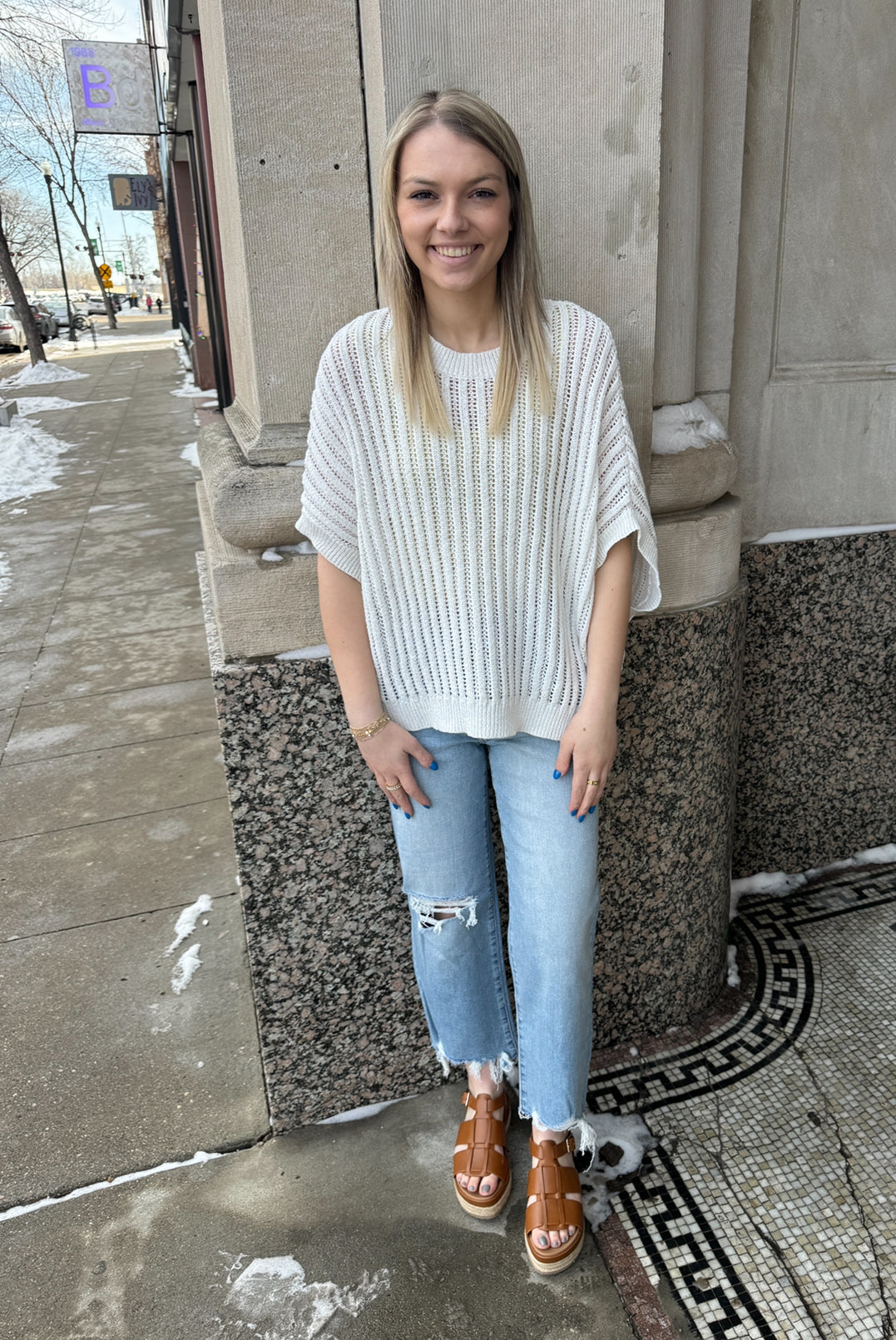 Off White Open Knit Top-Short Sleeve Tops-eesome-The Silo Boutique, Women's Fashion Boutique Located in Warren and Grand Forks North Dakota