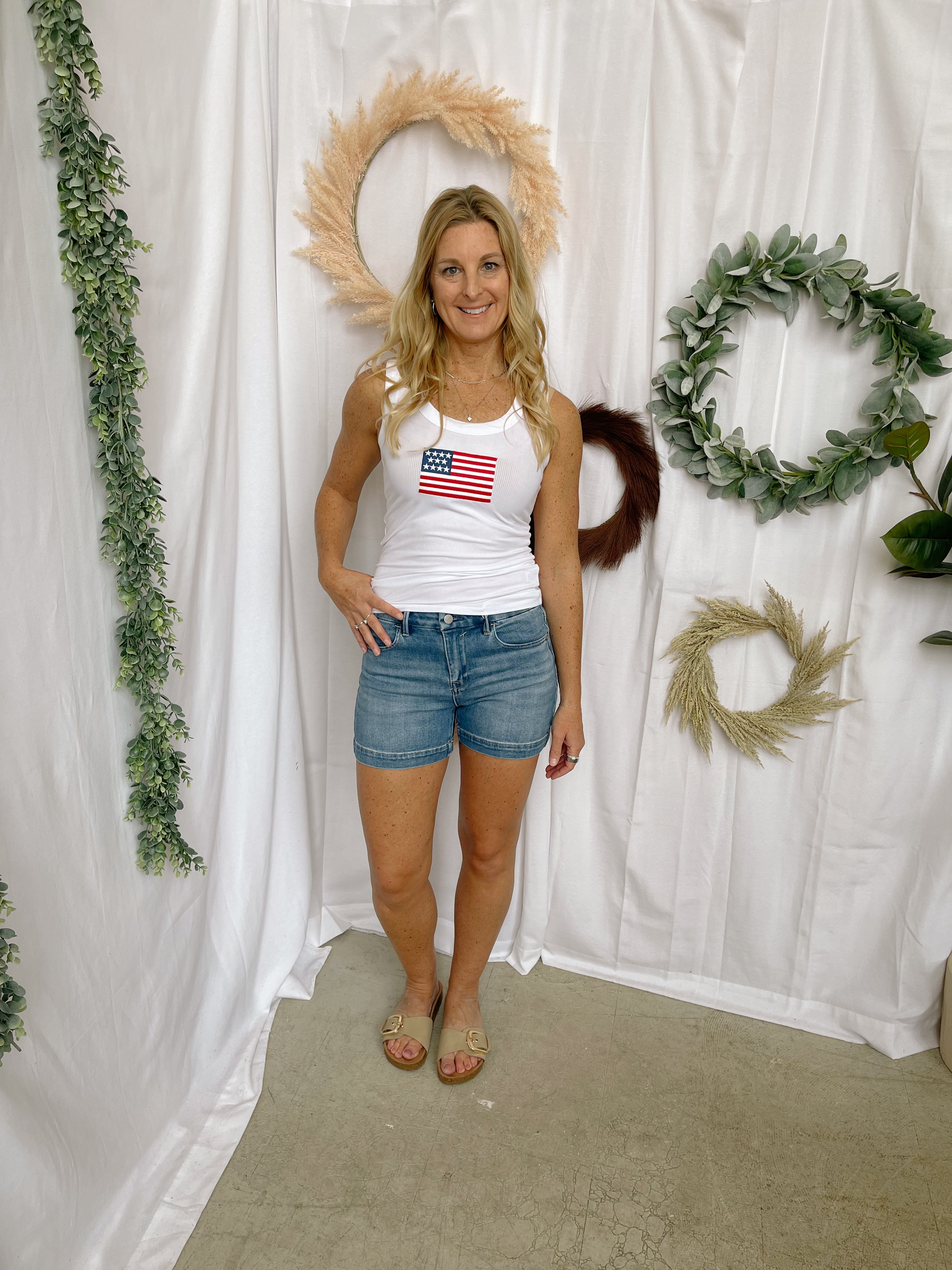 Zen Ribbled Flag Tank Top-White-Tank Tops-Zenana-The Silo Boutique, Women's Fashion Boutique Located in Warren and Grand Forks North Dakota