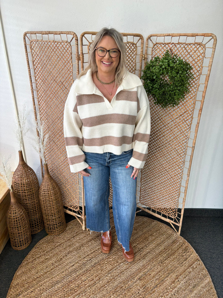 Taupe & Ivory Striped Collared Prep Sweater-Sweaters-buttermelon-The Silo Boutique, Women's Fashion Boutique Located in Warren and Grand Forks North Dakota