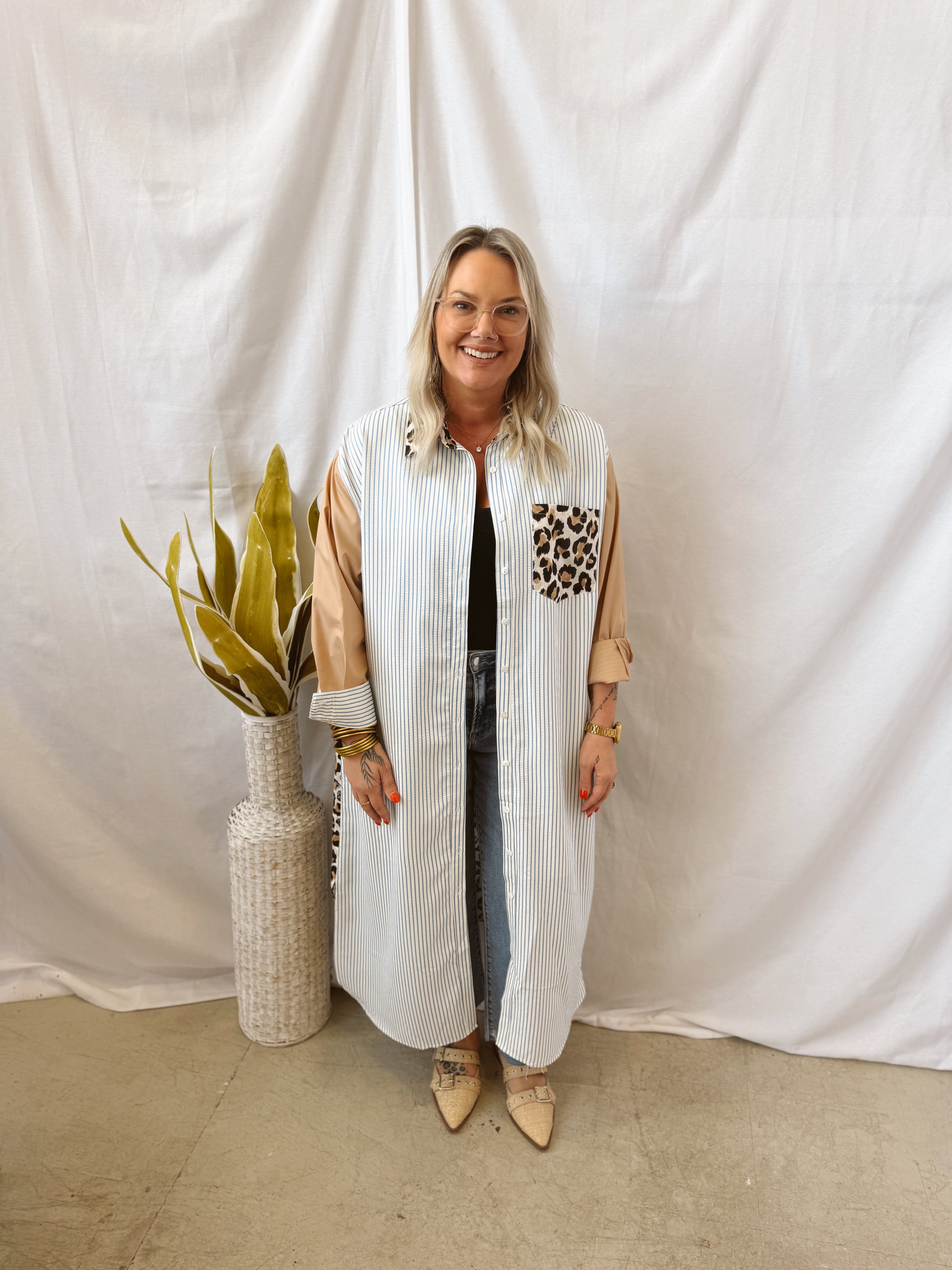 Ang Long Leopard and Striped Shirt Dress-Long Sleeve Tops-entro-The Silo Boutique, Women's Fashion Boutique Located in Warren and Grand Forks North Dakota