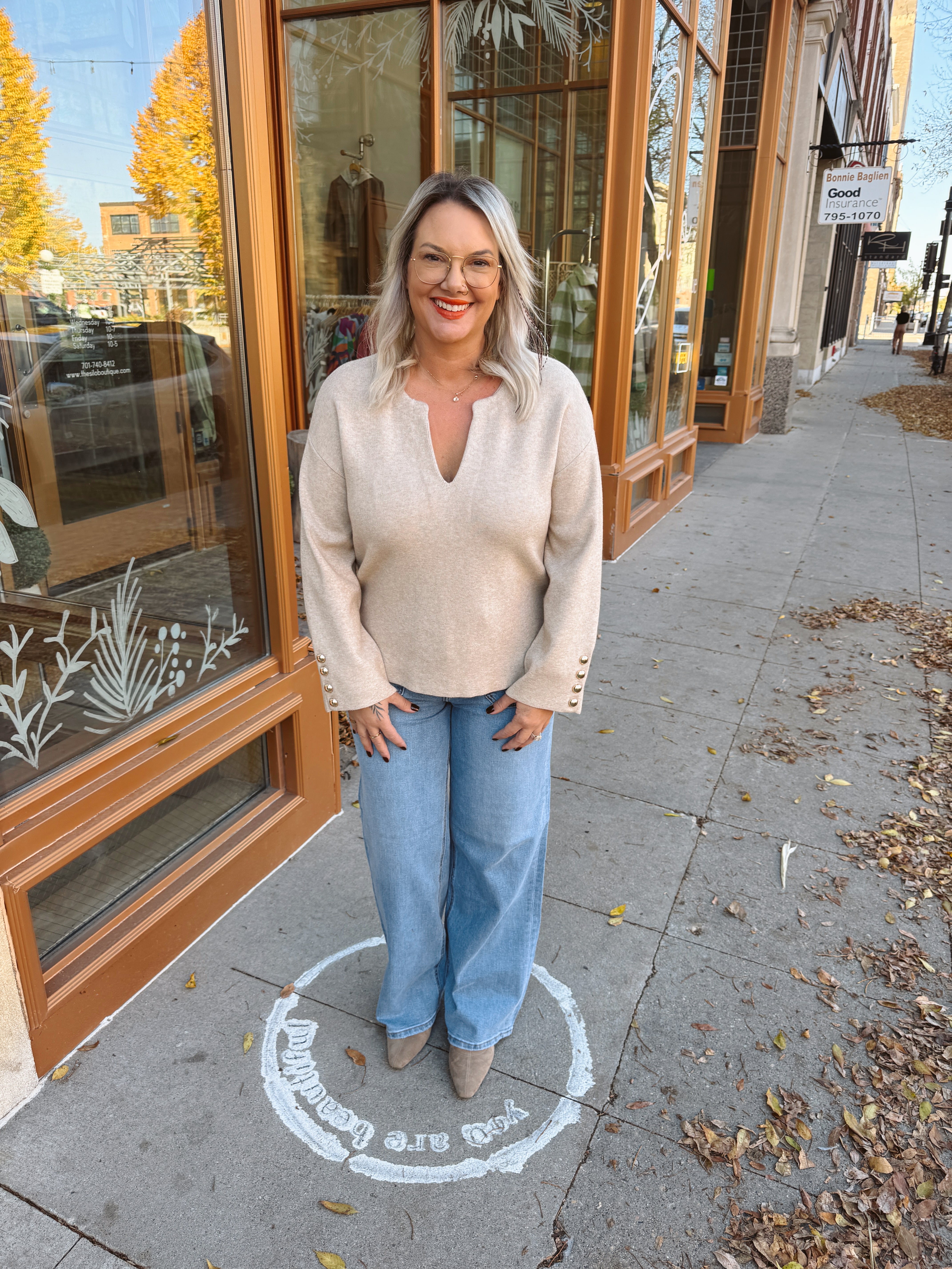 V-Neck Sweater with Gold Detail-Oatmeal-Sweaters-ENTRO-The Silo Boutique, Women's Fashion Boutique Located in Warren and Grand Forks North Dakota