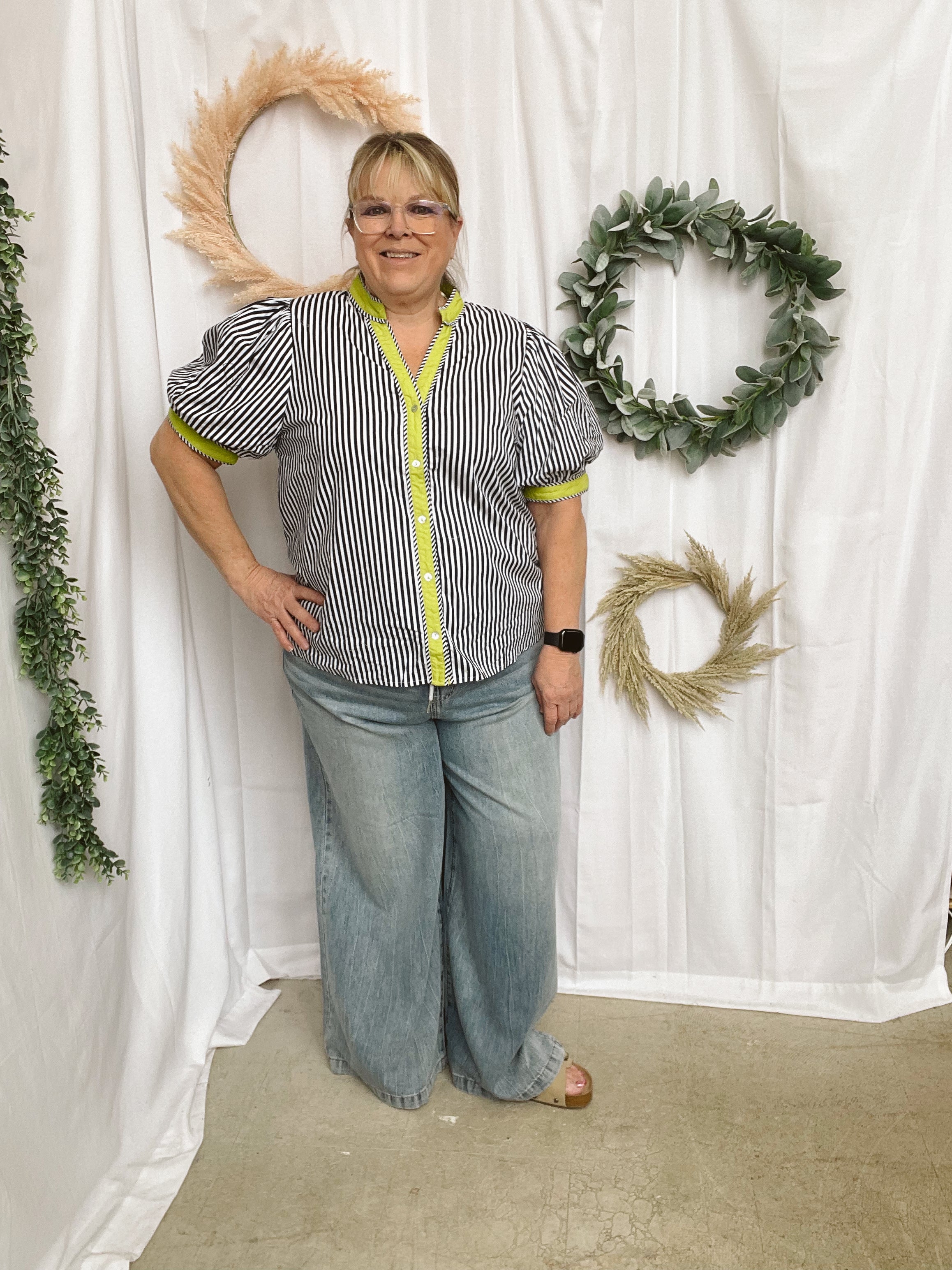 Navy Stripe with Lime Top-Short Sleeve Tops-ENTRO-The Silo Boutique, Women's Fashion Boutique Located in Warren and Grand Forks North Dakota
