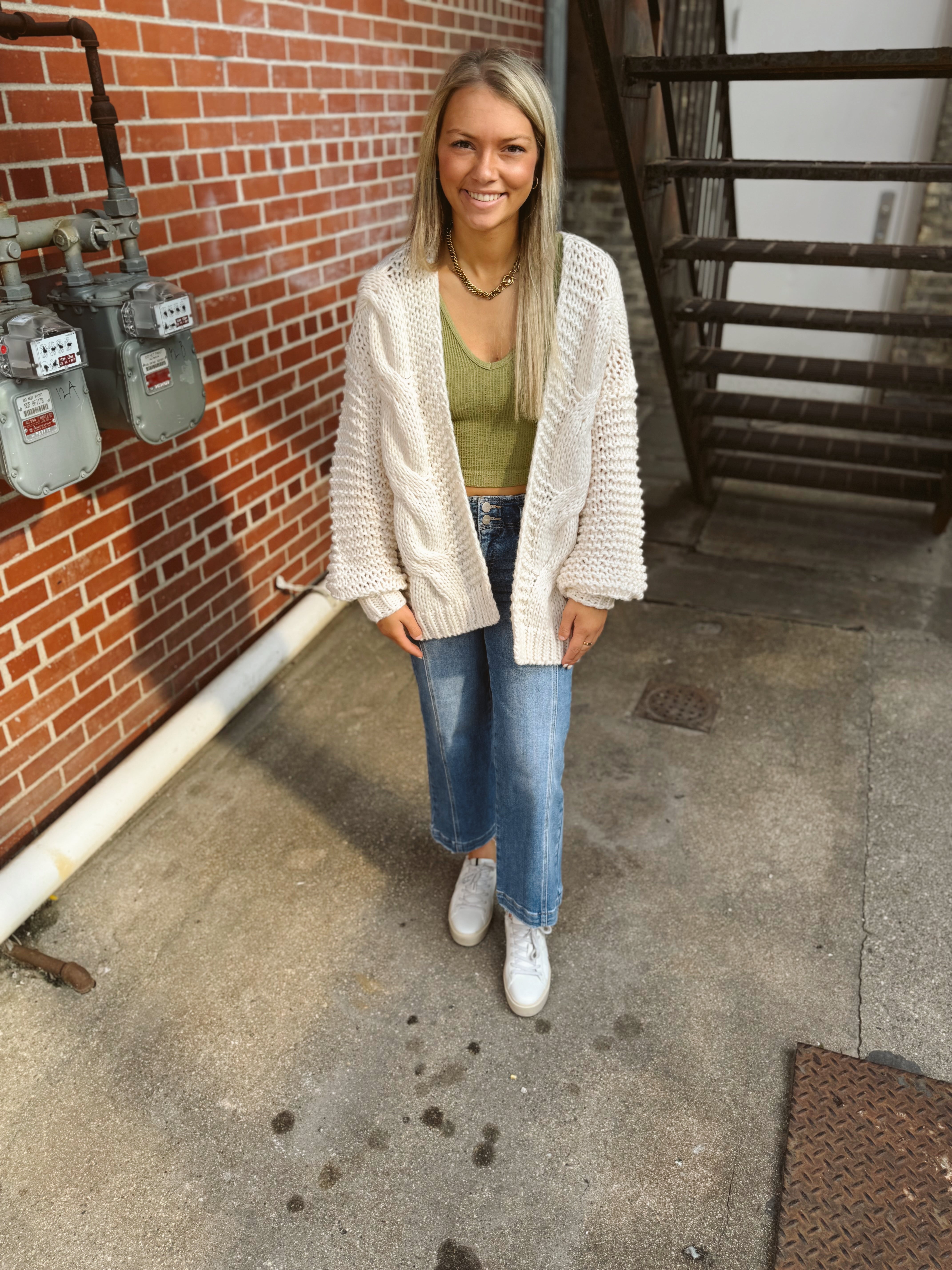 Chunky Knit Cable Knit Cardigan-Cream-Cardigans-bluivy-The Silo Boutique, Women's Fashion Boutique Located in Warren and Grand Forks North Dakota