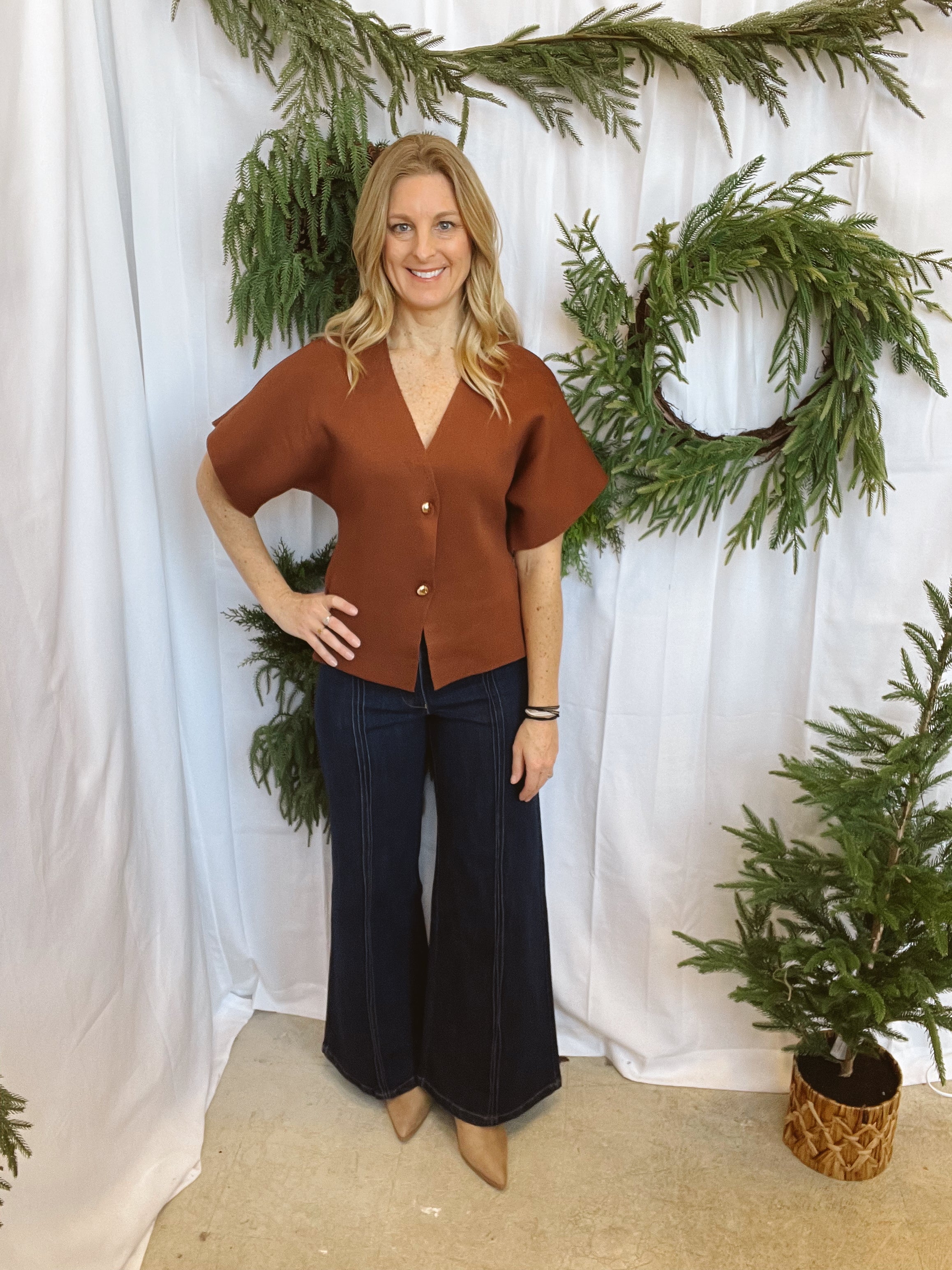Brown Front Button Short Sleeve Sweater-Sweaters-fate-The Silo Boutique, Women's Fashion Boutique Located in Warren and Grand Forks North Dakota