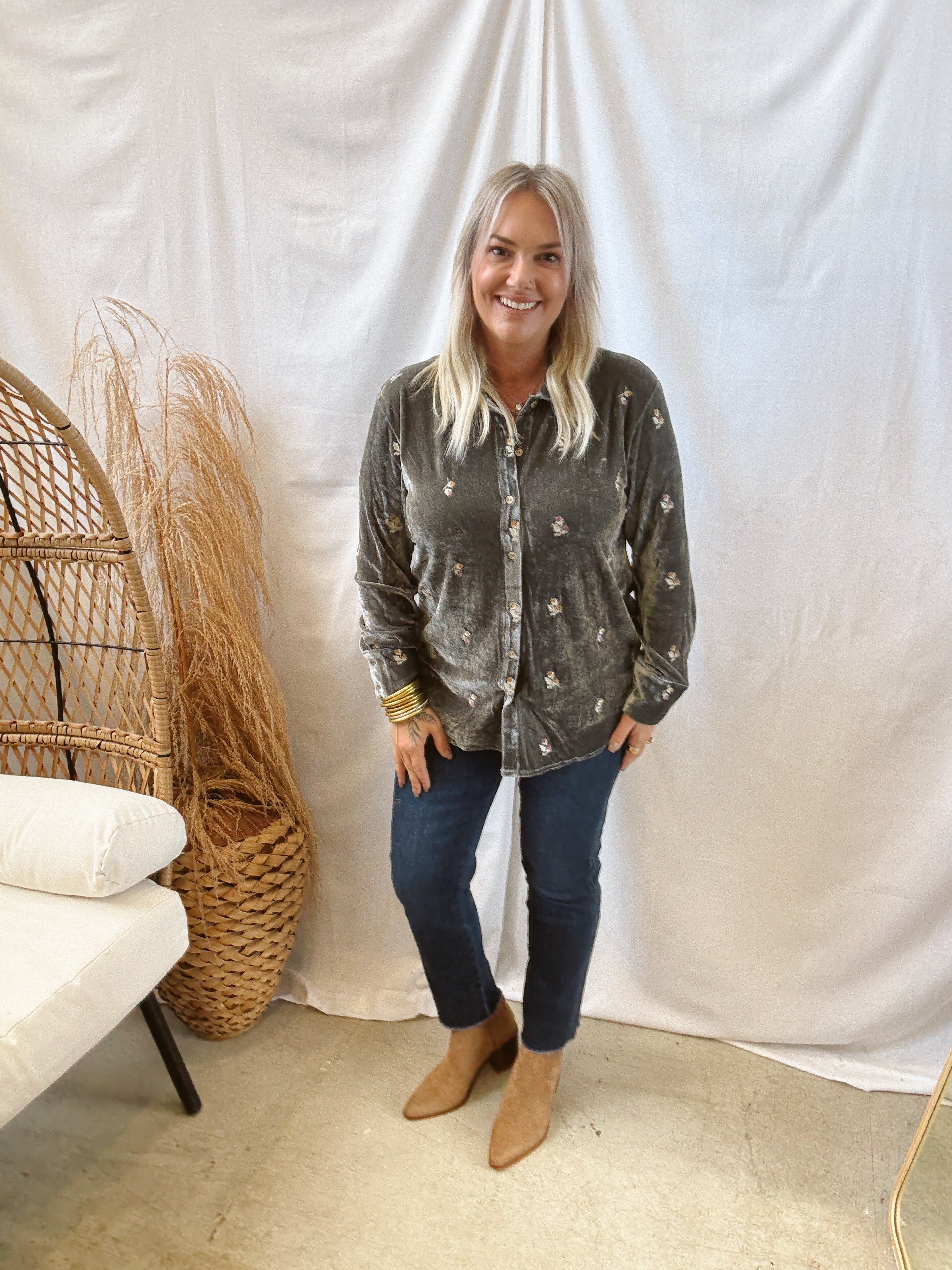 Olive Embroidery Button Down Top-Long Sleeve Tops-mystree-The Silo Boutique, Women's Fashion Boutique Located in Warren and Grand Forks North Dakota