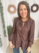 Becky Ruffle Tie Top-Brown-Long Sleeve Tops-staccato-The Silo Boutique, Women's Fashion Boutique Located in Warren and Grand Forks North Dakota