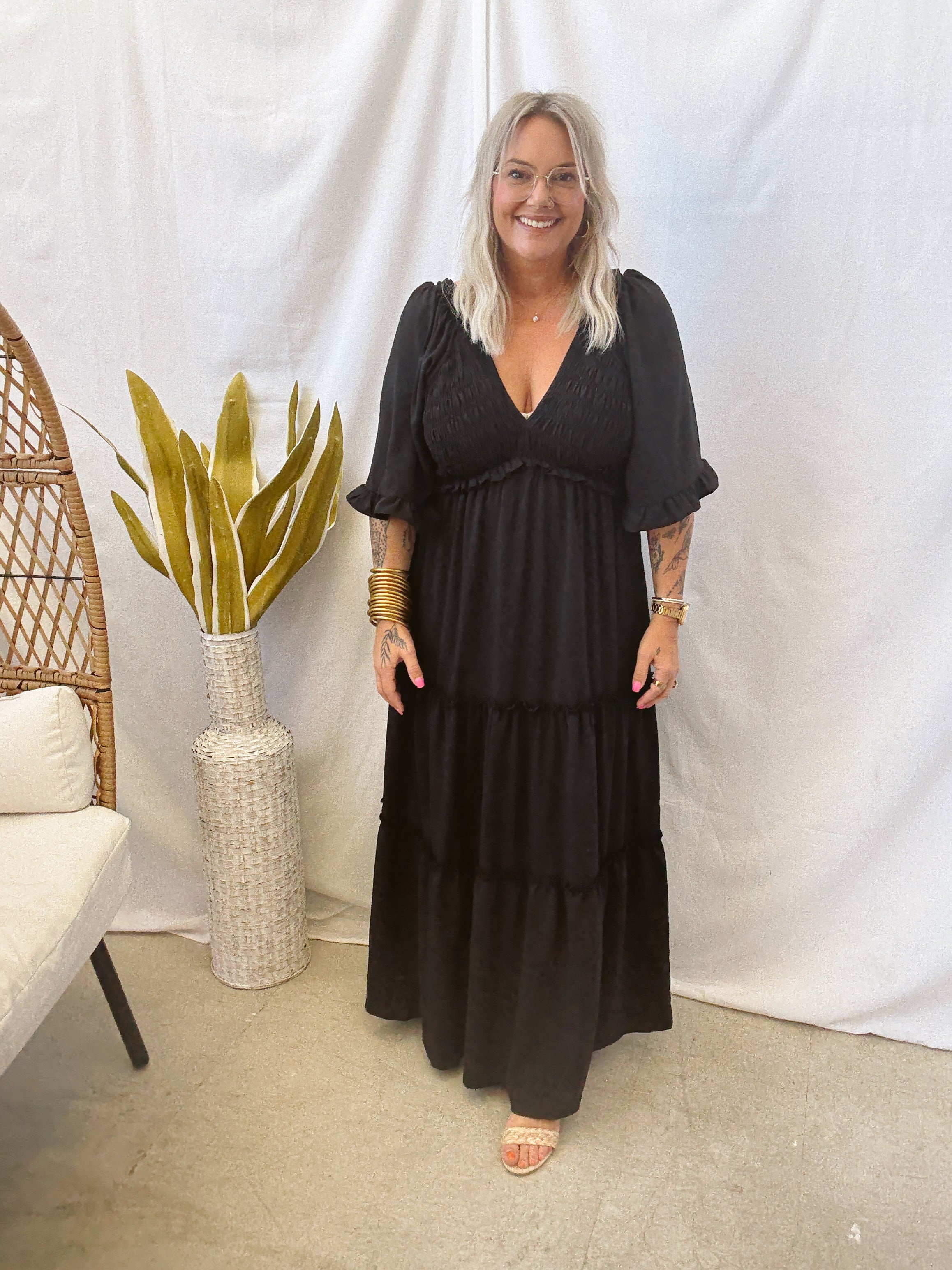 V Neck Tiered Dress-Black-Final Sale-Dresses-she and sky-The Silo Boutique, Women's Fashion Boutique Located in Warren and Grand Forks North Dakota