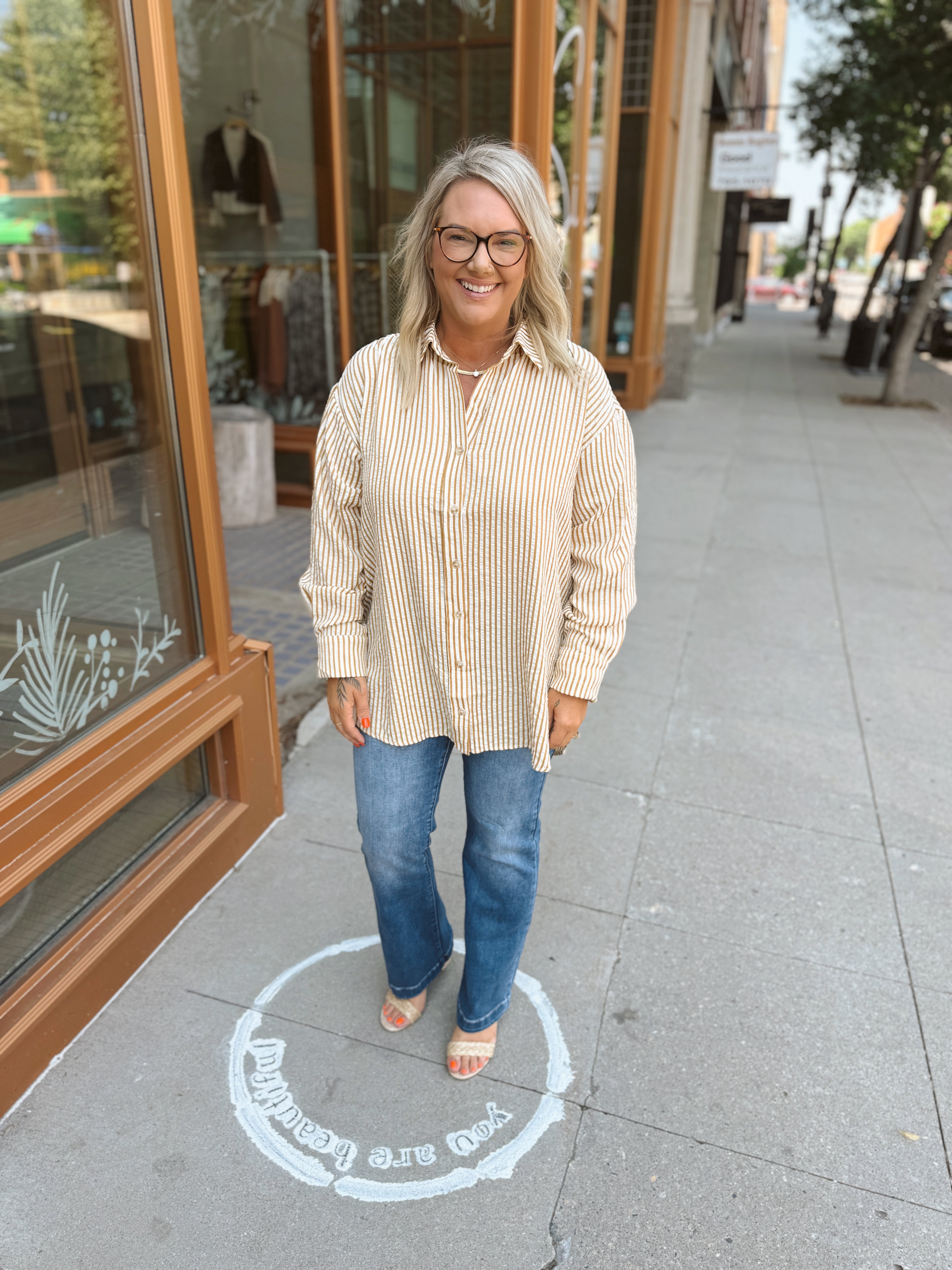 Mustard Stripe Collar Button Down Top-Long Sleeve Tops-ENTRO-The Silo Boutique, Women's Fashion Boutique Located in Warren and Grand Forks North Dakota