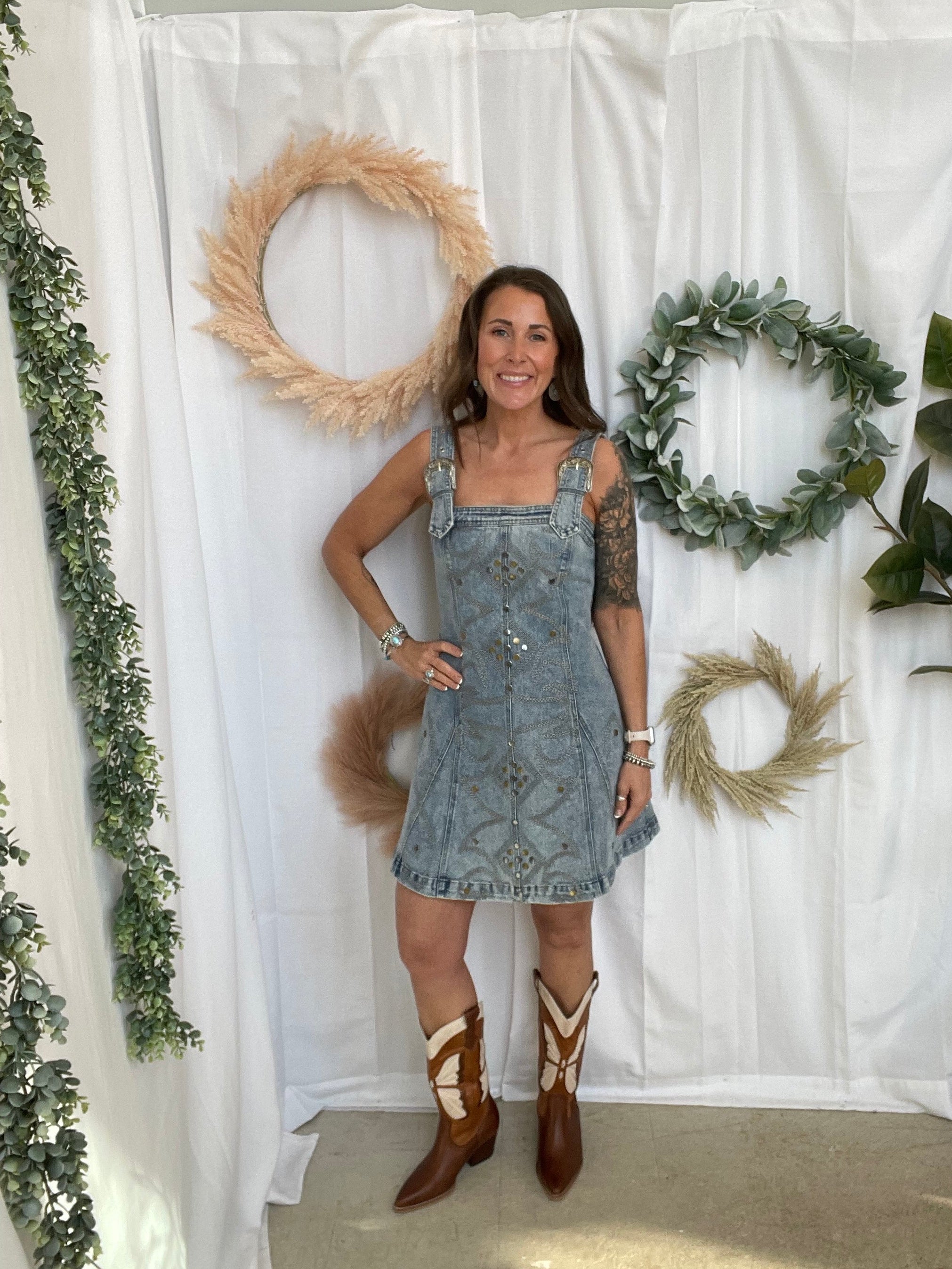 Blue Denim Studded Buckle Dress-Dresses-blue B-The Silo Boutique, Women's Fashion Boutique Located in Warren and Grand Forks North Dakota