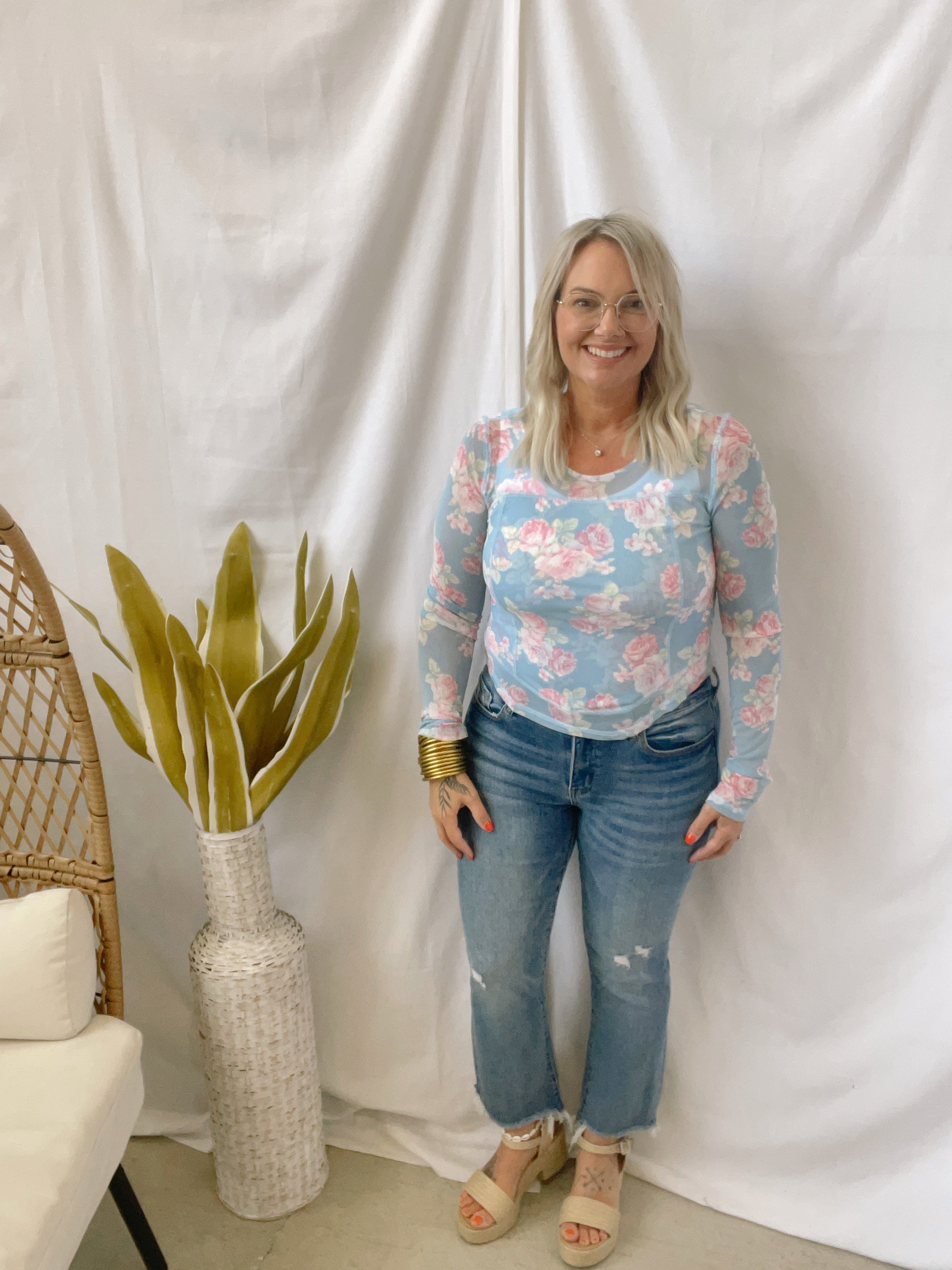Light Blue and Pink Floral Mesh Long Sleeve Top-FINAL SALE-Long Sleeve Tops-listicle-The Silo Boutique, Women's Fashion Boutique Located in Warren and Grand Forks North Dakota