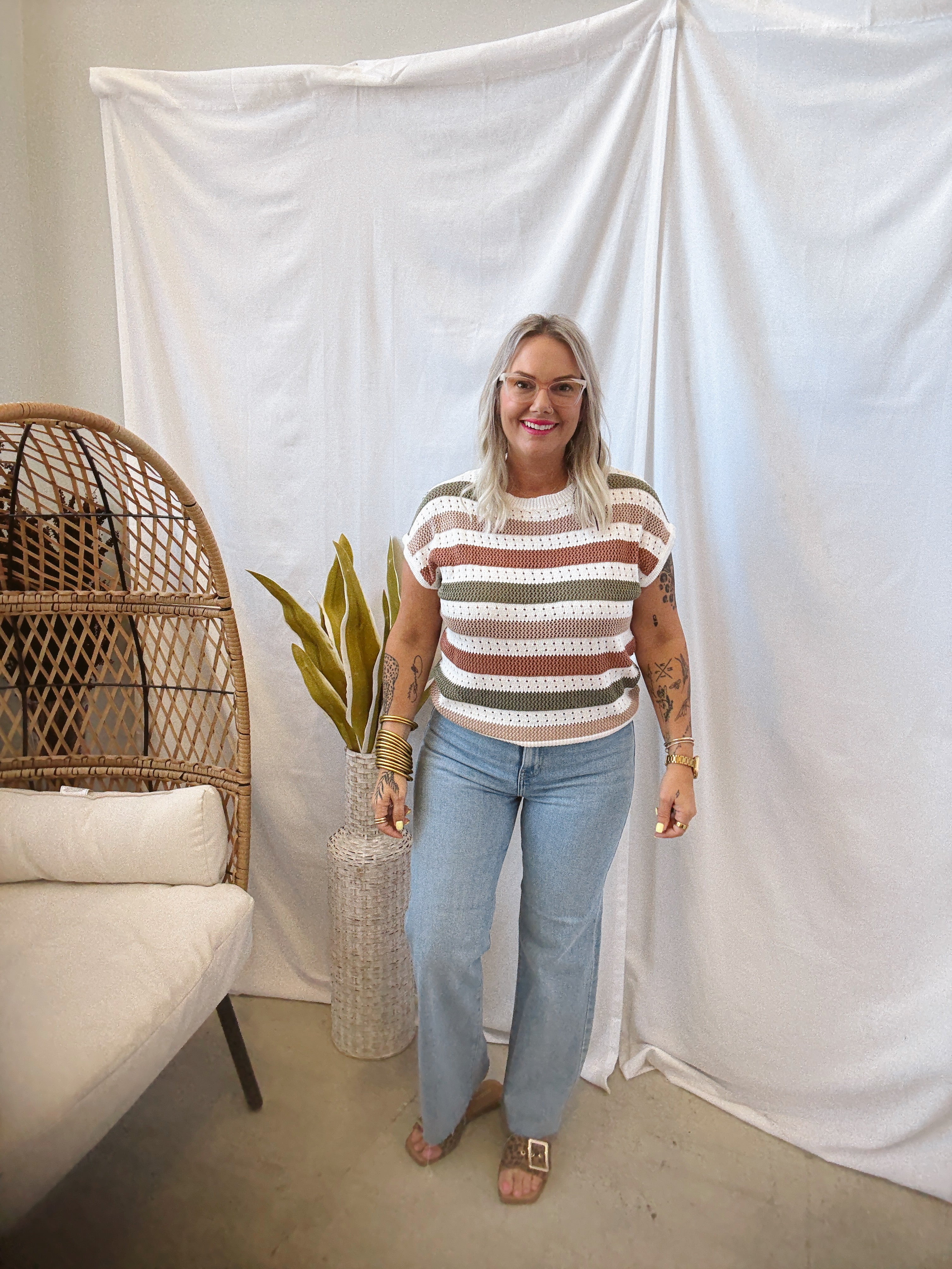 Olive Mix Striped Crochet Top-Short Sleeve Tops-staccato-The Silo Boutique, Women's Fashion Boutique Located in Warren and Grand Forks North Dakota