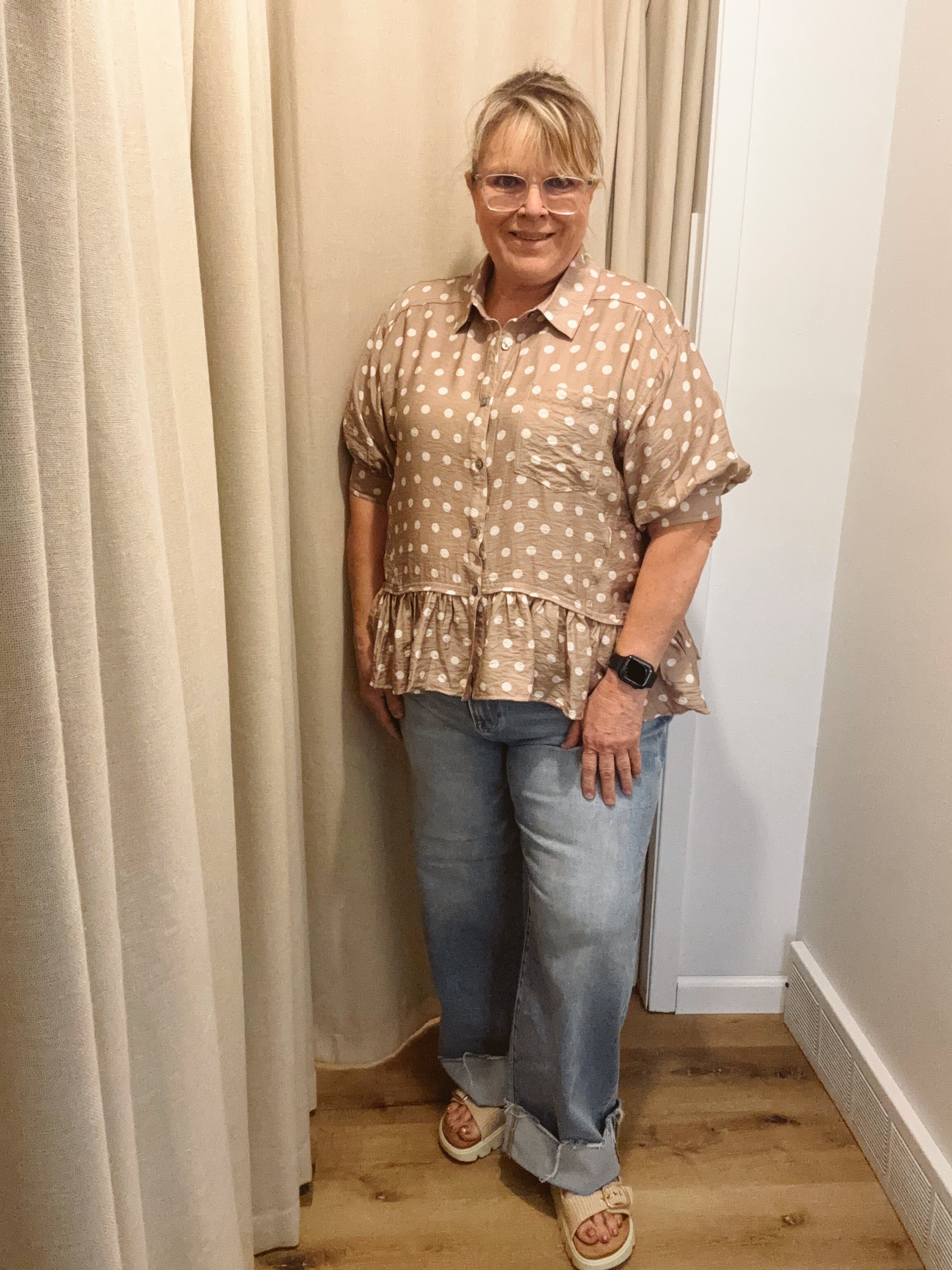 Sammy Polka Dot Top-Sand-Short Sleeve Tops-ENTRO-The Silo Boutique, Women's Fashion Boutique Located in Warren and Grand Forks North Dakota
