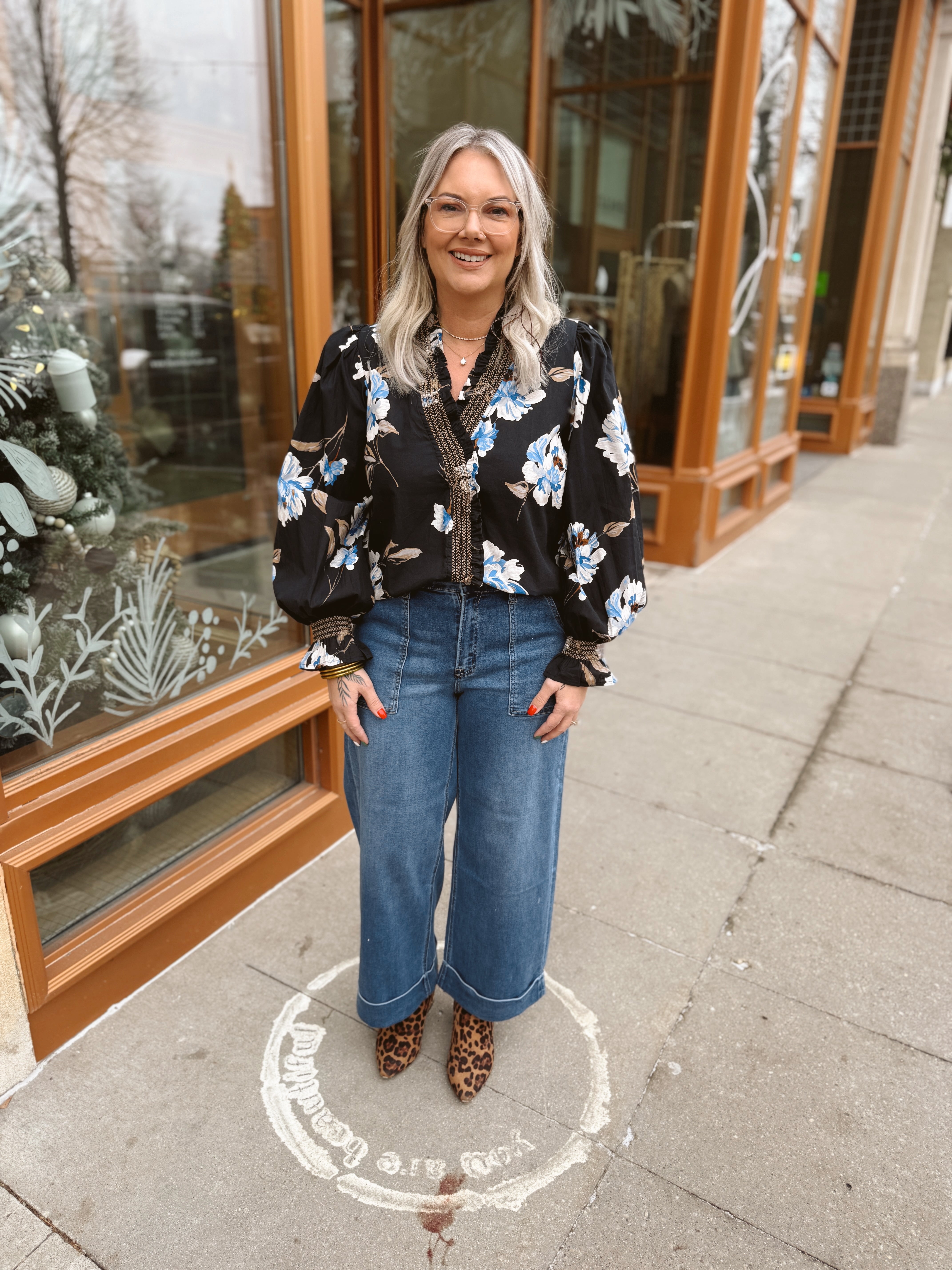 Blue and Black Mix Floral Top-Long Sleeve Tops-ENTRO-The Silo Boutique, Women's Fashion Boutique Located in Warren and Grand Forks North Dakota