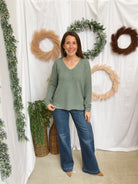Tanya Textured V Neck Sweater-Sage-Long Sleeve Tops-staccato-The Silo Boutique, Women's Fashion Boutique Located in Warren and Grand Forks North Dakota