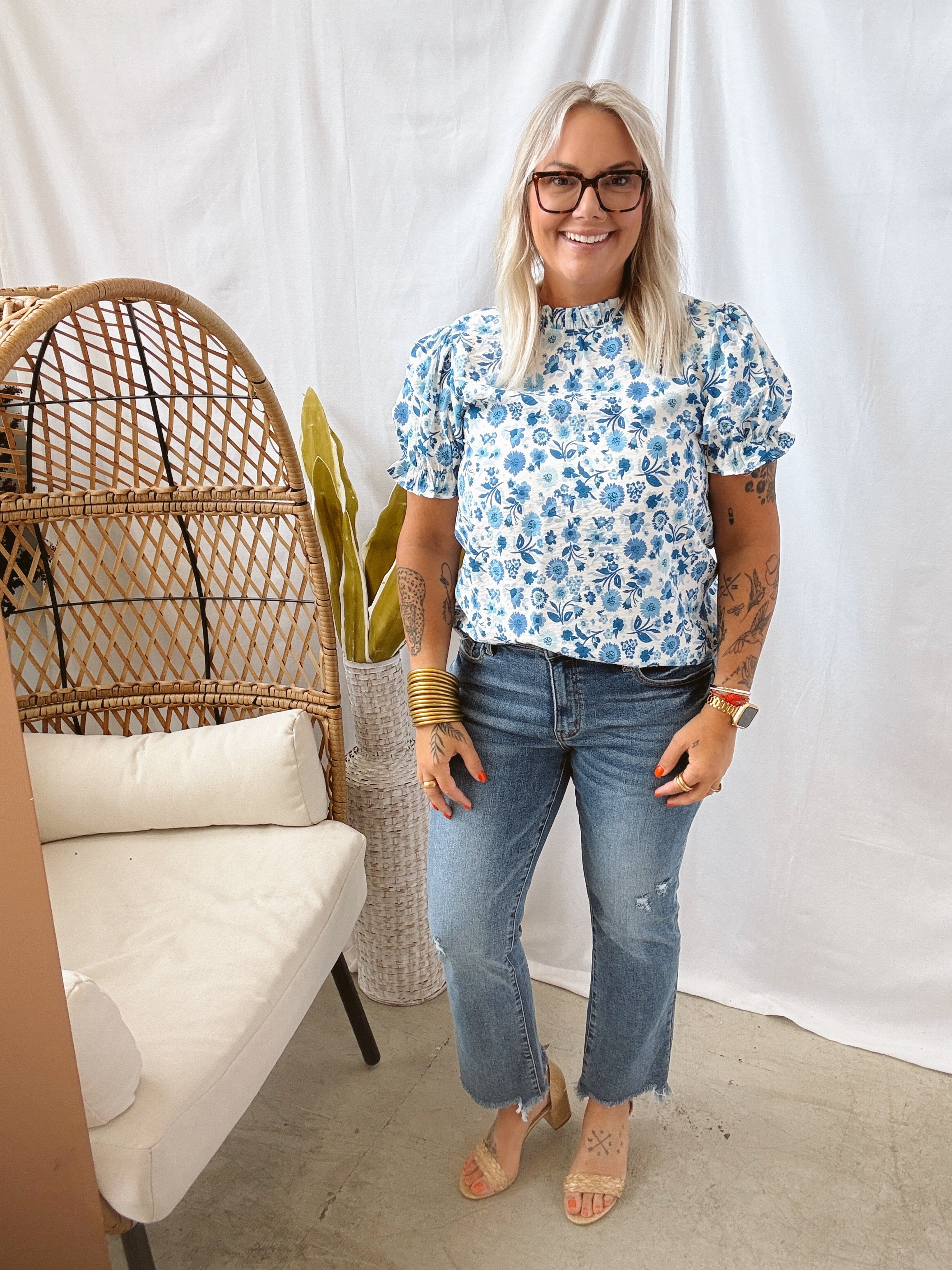 Ruffles and Blue Floral Top-FINAL SALE-Short Sleeve Tops-les amis-The Silo Boutique, Women's Fashion Boutique Located in Warren and Grand Forks North Dakota