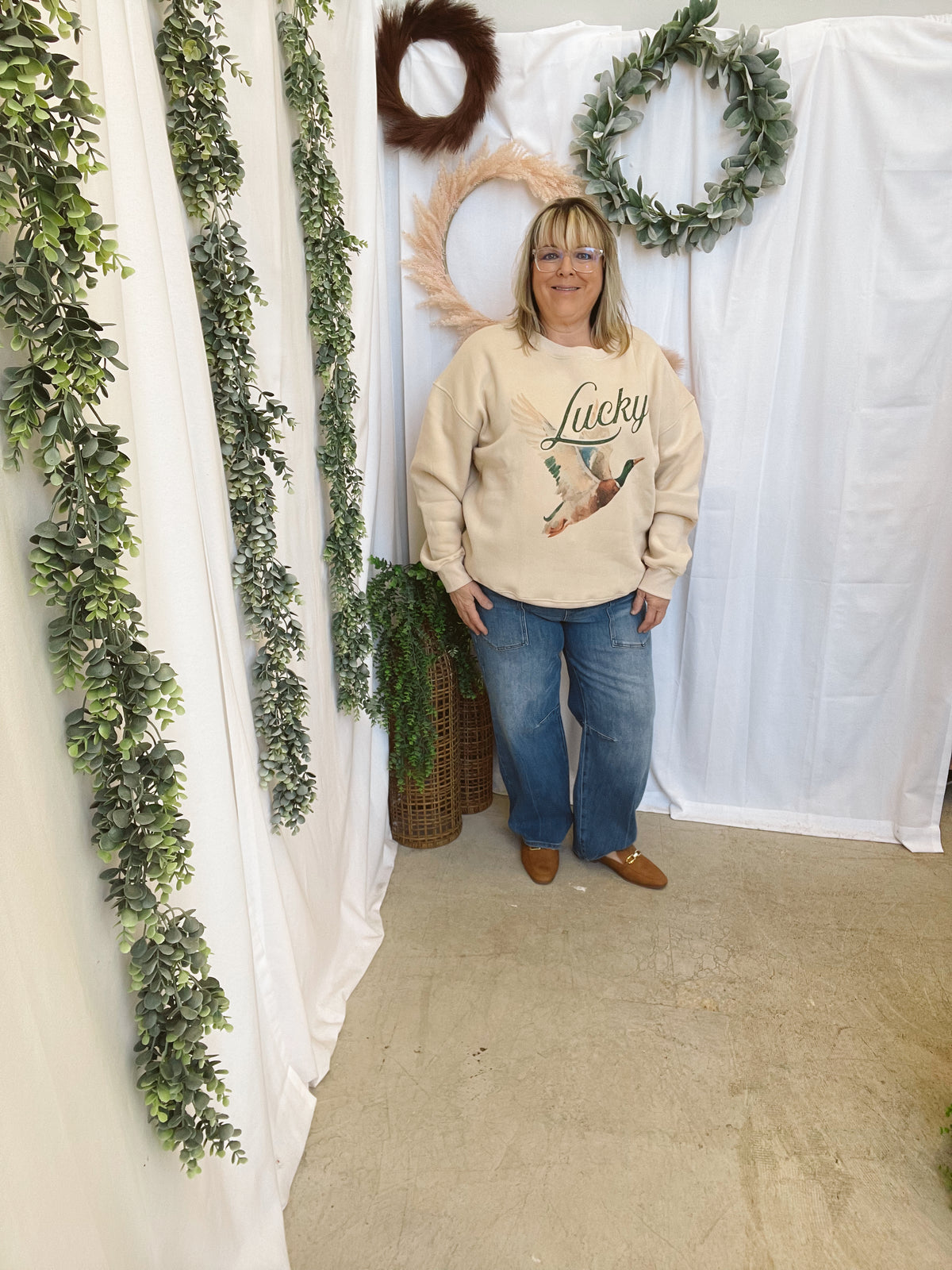Jade Lucky Duck Sweatshirt-Beige-Sweatshirts-jade by jane-The Silo Boutique, Women's Fashion Boutique Located in Warren and Grand Forks North Dakota